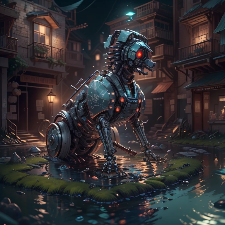 tmasterpiece,bset quality,realisticlying,offcial art,Extremely detailed,tmasterpiece,Best quality at best,(非常详细的 CG 统一 8k 壁纸),(Best quality at best),(The best illustrations),(The best shadow),Very detailed pictures,(PureErosFace_V1:0.7),(8K,best qualtiy),A small stream flows through an abandoned city,Mechanical dog in the stream,cyber punk perssonage,sci-fy,Gothic,hyper realisitc,Mechanical fantasy,(luminouslighting, Atmospheric lighting), chilly, gloomily, magical,