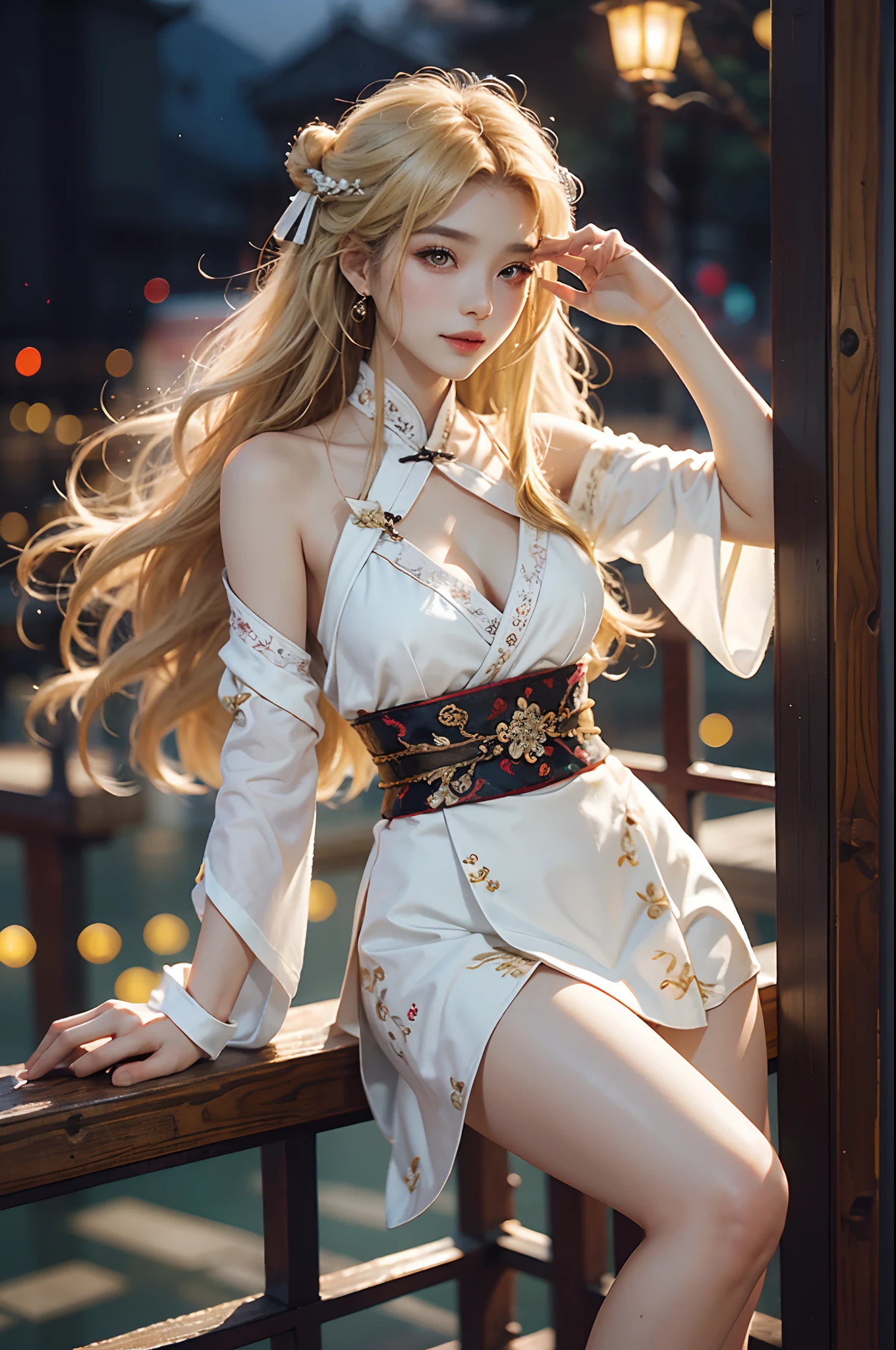 ((knee shot)), Shot from a random perspective, 20-year-old Asian model, slim, Slimming the waist, curlies, White cool hanfu, ancient wind, China-style, Floral, Pattern, Long brownish-yellow hair, Beautiful hairpins, warm lights, Warm tones Slender legs, Cross ed leg, the night, rays of moonlight, loft, leaning against the railing, posed for photo, posing elegantly, blonde hair, streaked hair, hair ornament, heart-shaped pupils, makeup, light smile, shy, licking lips, Romanticism, Social realism, chiaroscuro, motion blur, anaglyph, Sony FE GM, UHD, masterpiece, textured skin, super detail, best quality