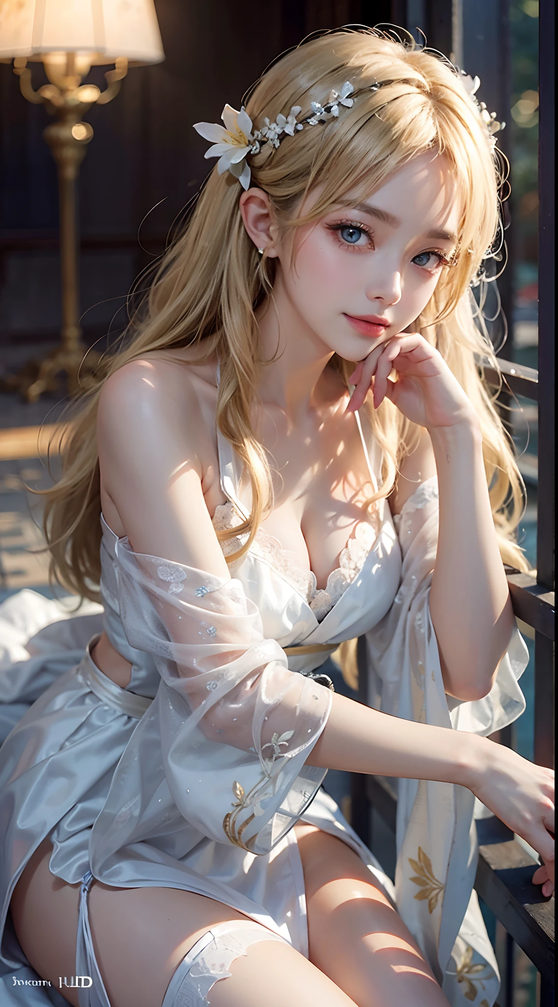 ((knee shot)), Shot from a random perspective, 20-year-old Asian model, slim, Slimming the waist, curlies, white hanfu, cropped shoulders, Sheer tulle shawl, ancient wind, China-style, Floral, Pattern, Long brownish-yellow hair, Beautiful hairpins, warm lights, Warm tones for the evening, rays of moonlight, loft, leaning against the railing, posed for photo, posing elegantly, blonde hair, streaked hair, hair ornament, heart-shaped pupils, makeup, light smile, shy, licking lips, Romanticism, Social realism, chiaroscuro, motion blur, anaglyph, Sony FE GM, UHD, masterpiece, textured skin, super detail, best quality