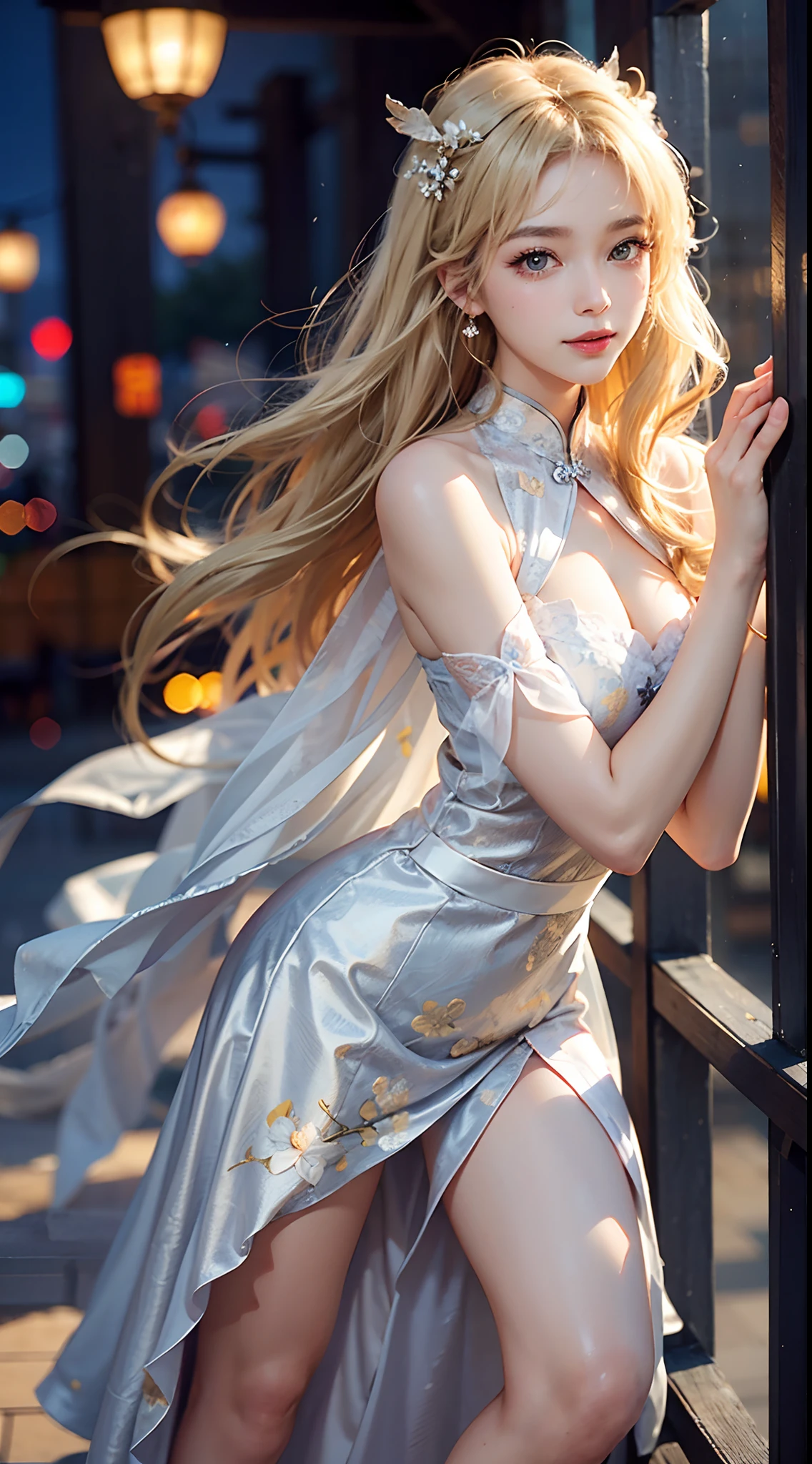 ((knee shot)), Shot from a random perspective, 20-year-old Asian model, slim, Slimming the waist, curlies, white hanfu, cropped shoulders, Sheer tulle shawl, ancient wind, China-style, Floral, Pattern, Long brownish-yellow hair, Beautiful hairpins, warm lights, Warm tones for the evening, rays of moonlight, loft, leaning against the railing, posed for photo, posing elegantly, blonde hair, streaked hair, hair ornament, heart-shaped pupils, makeup, light smile, shy, licking lips, Romanticism, Social realism, chiaroscuro, motion blur, anaglyph, Sony FE GM, UHD, masterpiece, textured skin, super detail, best quality