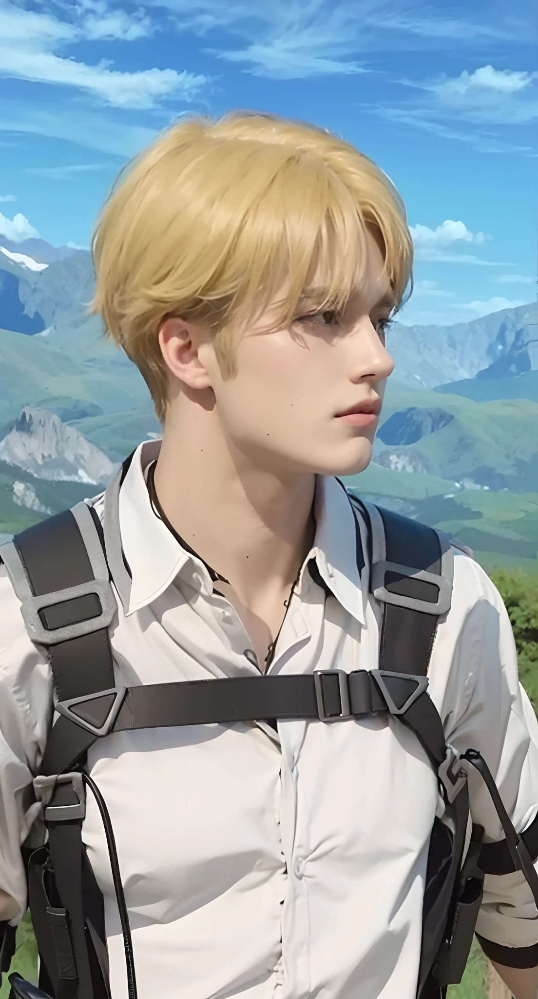 Real life adaption of this character, Handsome face, realistic same hair, (realistic same outfit), realistic same background , realistic light, realistic shadow, realism, hyper realistic,(photorealistic:1.2)