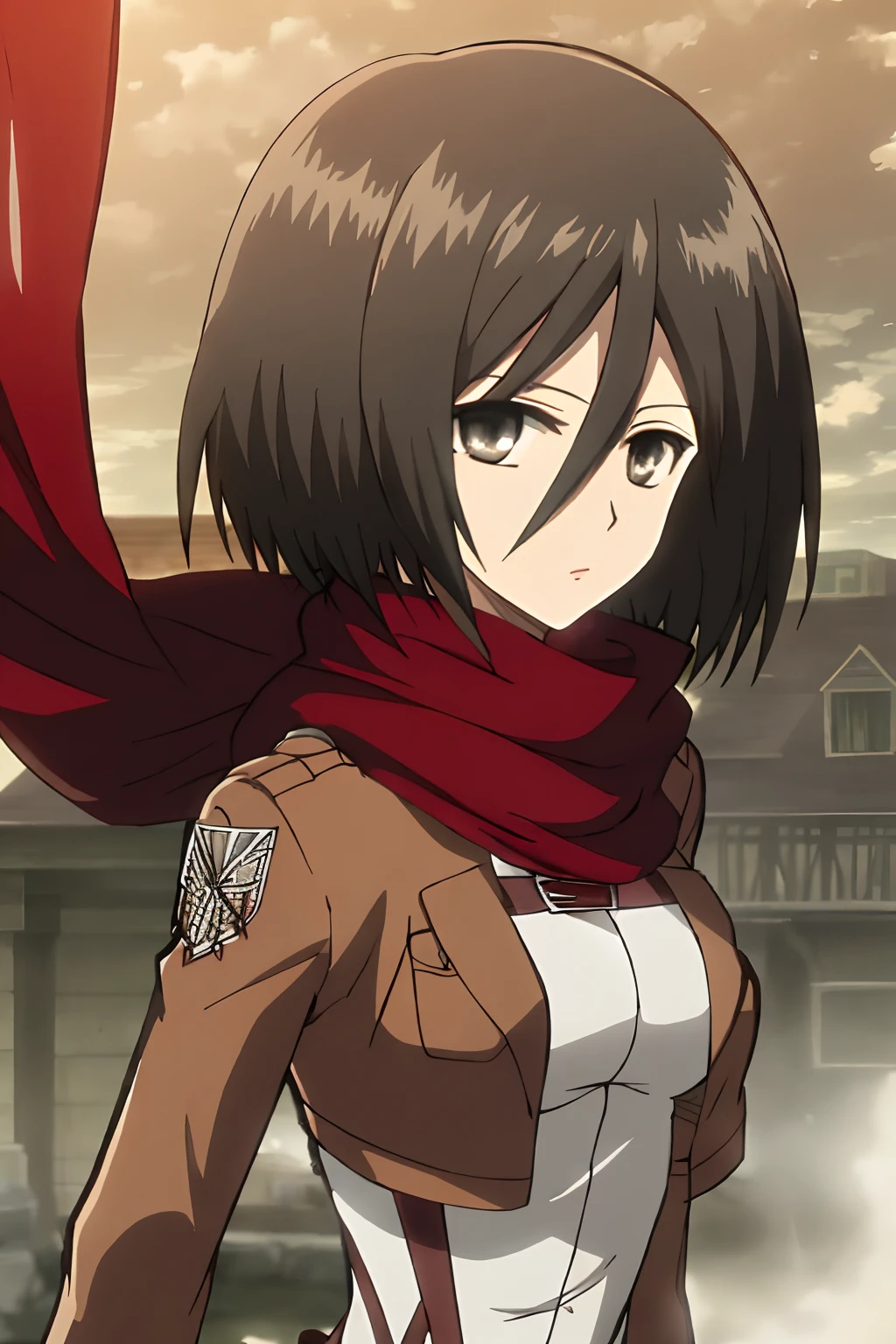 Master Parts, Best Quality, Haute, hmmikasa, Short hair, Black eyes, red bra, Underwear, Scarf, red scarf, attack on titan