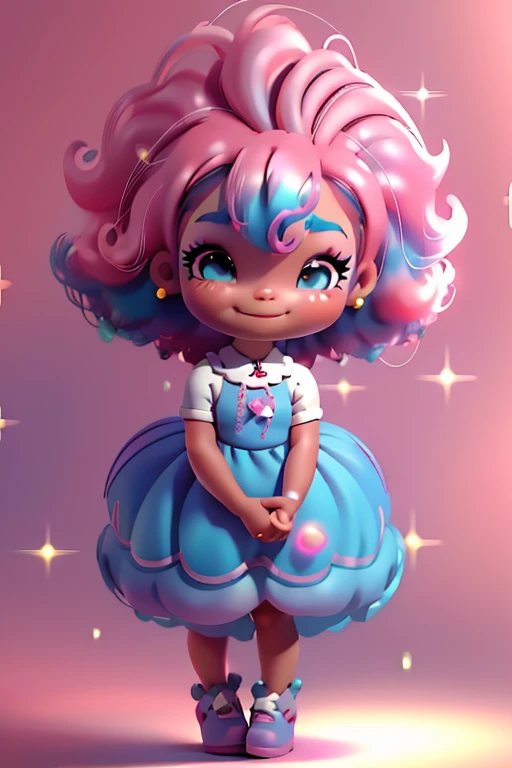 Uma afro chibi, vestido rosa, cabelos grandes, Rainbow hair colors, sapatilhas, pink hair bow, Glitter, sorrir,
