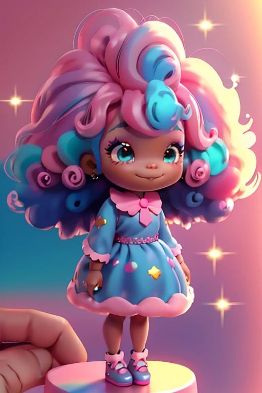 Uma menina afro chibi, vestido rosa, cabelos grandes, Rainbow hair colors, sapatilhas, pink hair bow, Glitter, sorrir,