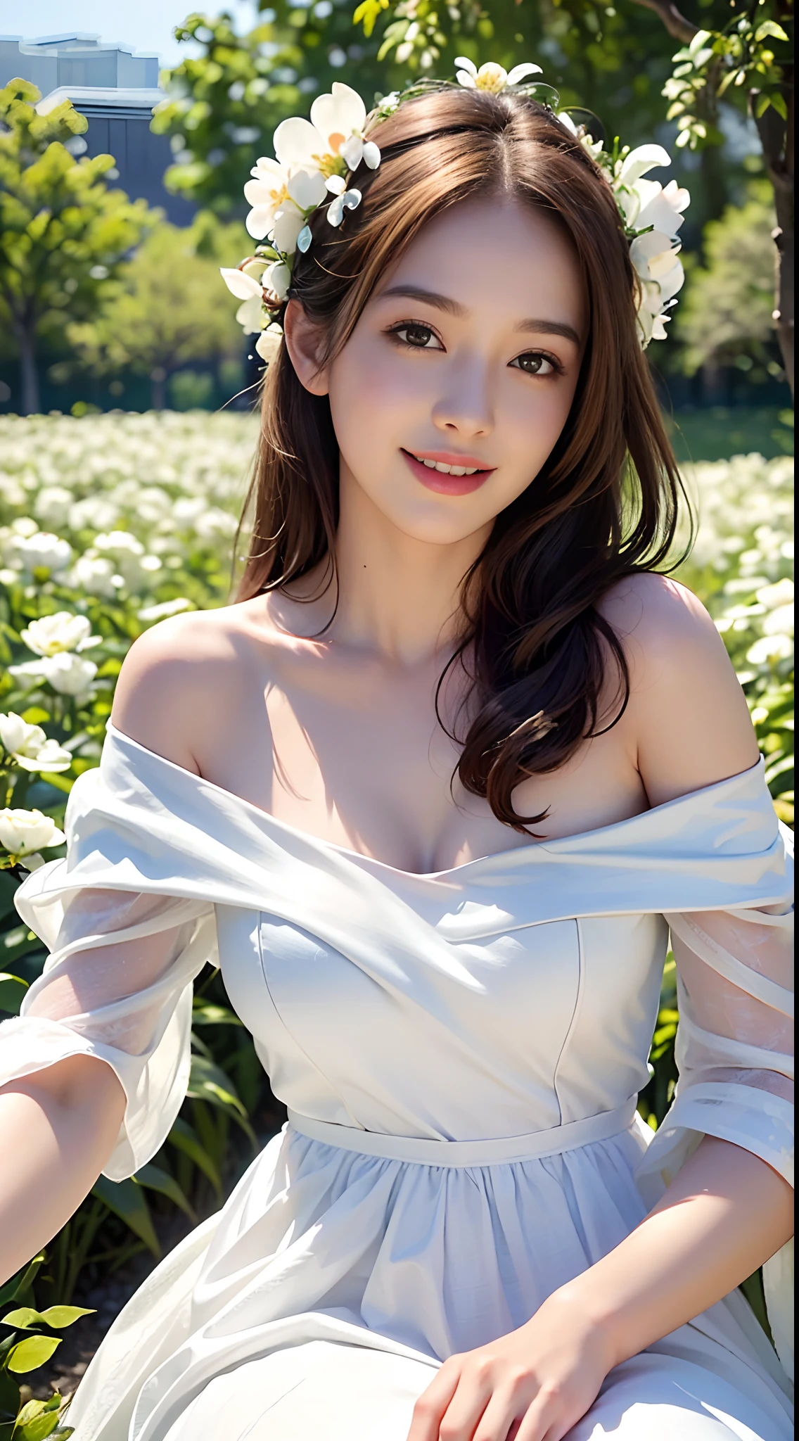 Best quality, masterpiece, ultra high res, (photorealistic:1.4), raw photo, 1girl, white dress, off shoulder, blossom flower field, glowing skin, light smile