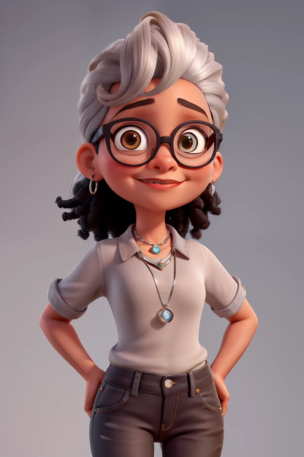 Uma menina de cabelos longos ondulado e preto, formato do rosto redondo,  altura baixa, cor de pele parda, wears glasses, Eye color brown and pantaloons Jeans and black blouse and silver necklace and silver earring