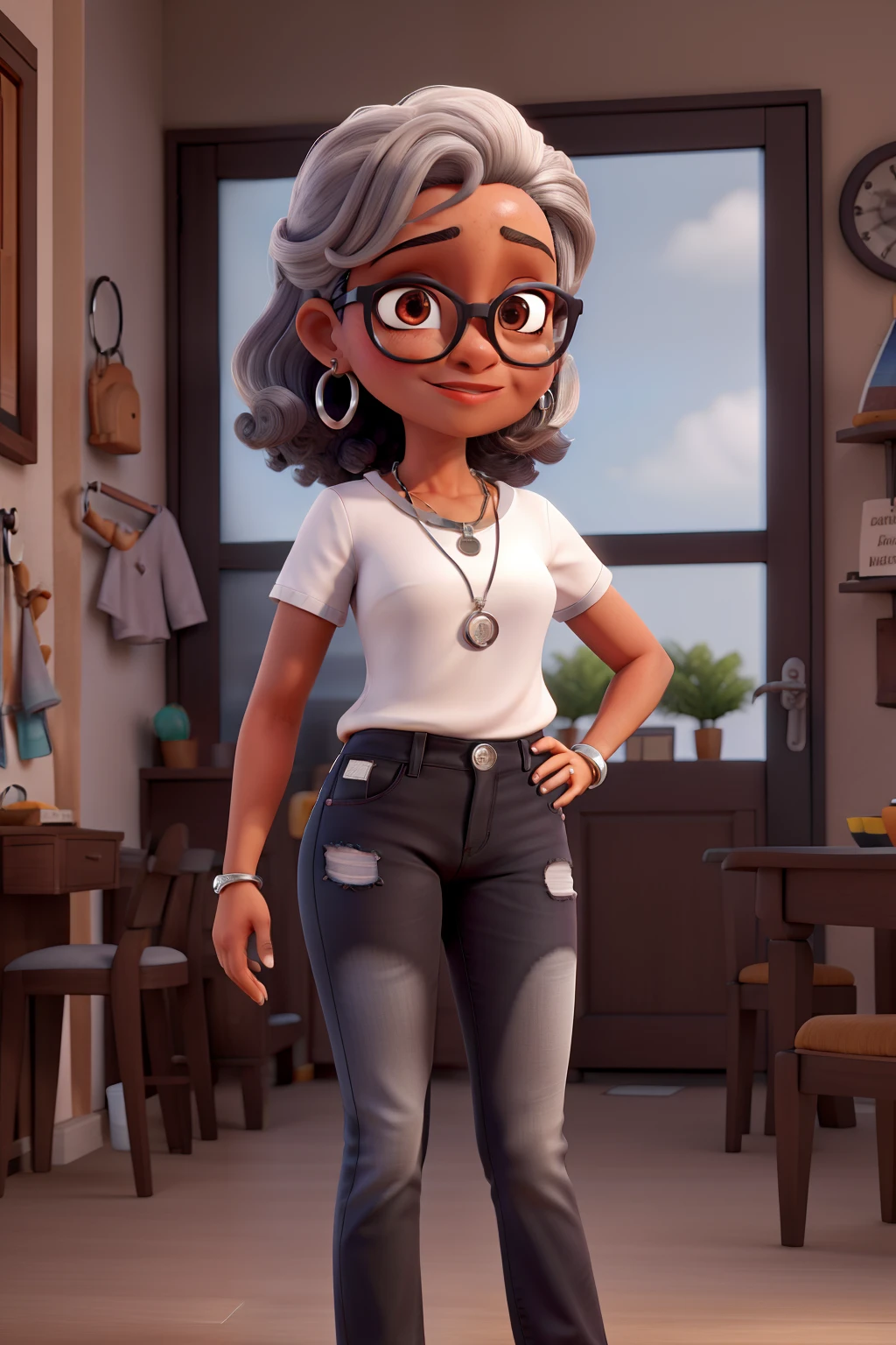 Uma menina de cabelos longos ondulado e preto, formato do rosto redondo,  altura baixa, cor de pele parda, wears glasses, Eye color brown and pantaloons Jeans and black blouse and silver necklace and silver earring