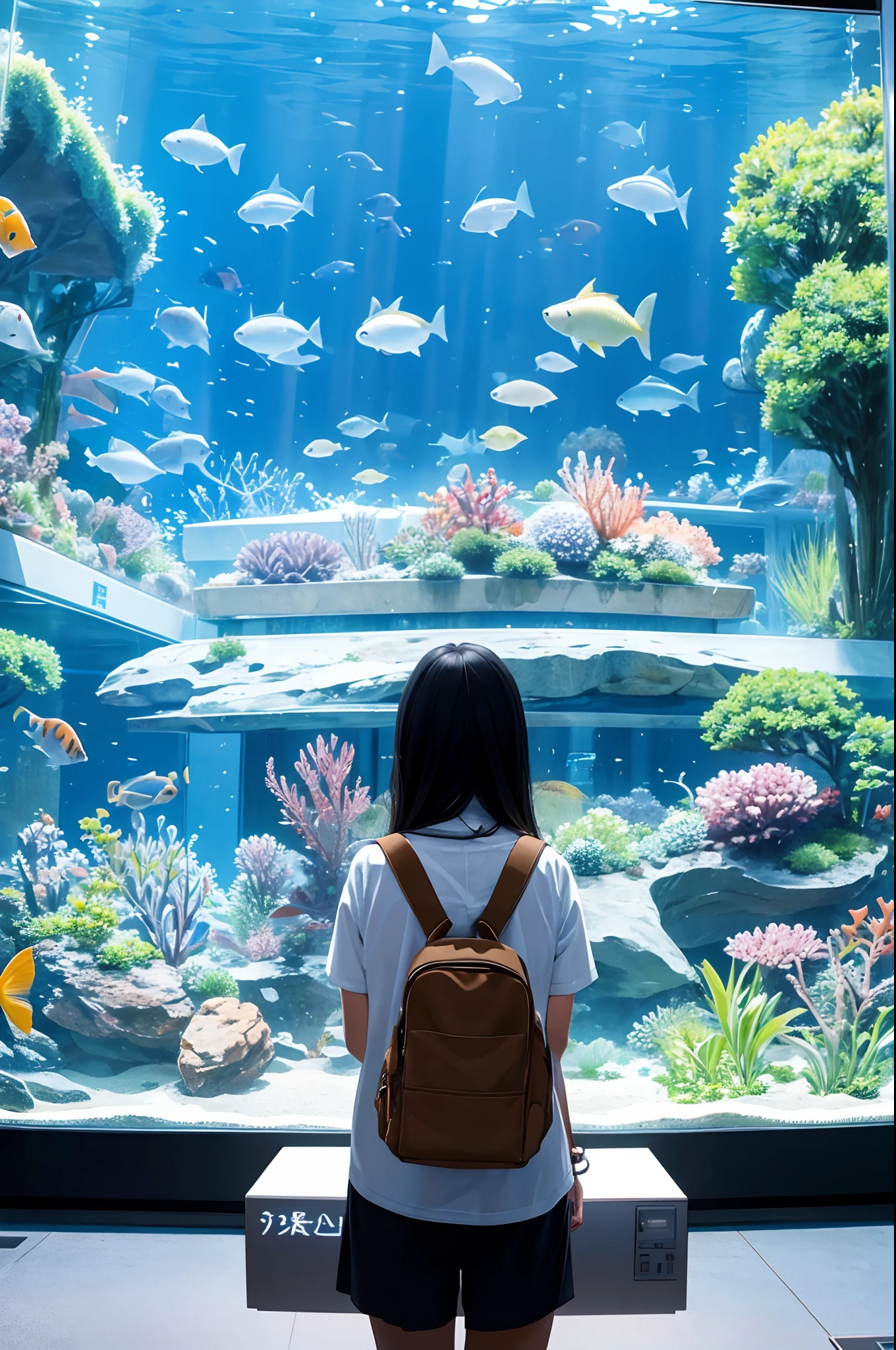 In front of a large aquarium in the aquarium、glad、femele、