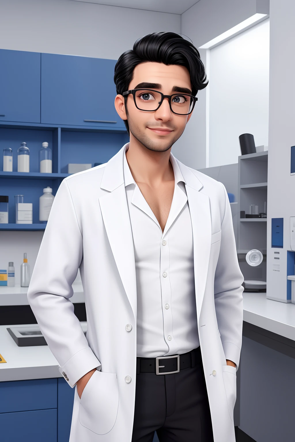 Um homem de 30 anos, with medium-sized black hair, face de diamante, olhar rigoroso, e olhos castanhos, vestindo camisa azul escuro, White coat and glasses. dentro de um laboratorio de quimica.