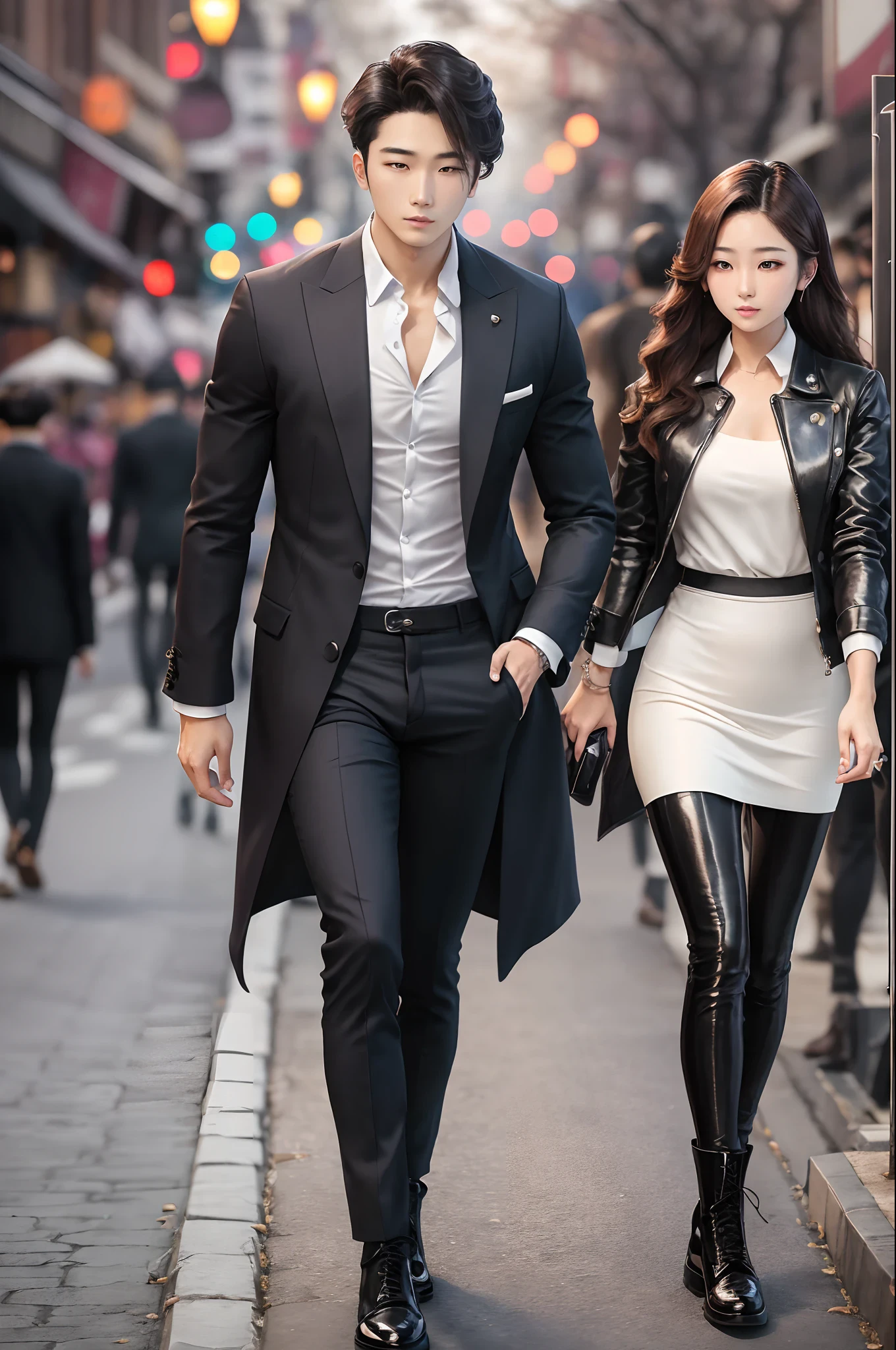 In an urban night setting, the Korean siblings, both young adults of extraordinary beauty, stride with determination along a road. The young woman showcases impeccable style, wearing a black pencil skirt, a long white blouse gracefully draping over the skirt, complemented by a cropped coat and combat boots, all meticulously coordinated to highlight her elegance. Her well-maintained and slightly wavy hair adds a touch of sophistication.
Equally stunning, the young man dons a black caban jacket that accentuates his figure, pegged black pants, and combat boots, revealing a sense of modern and relaxed fashion. His smooth, beard-free skin contributes to a soft and attractive appearance.
The stunning beauty of the sibling pair evokes the aesthetics of idols, standing out for the harmony in their facial features and magnetic presence. Their captivating expressions and elegance in every detail of their attire exude a distinctly idolatrous aura, capturing attention with a beauty that transcends the ordinary. Both exhibit determined looks, ready to unravel the mysteries that await them.
Very real image. --auto --s2