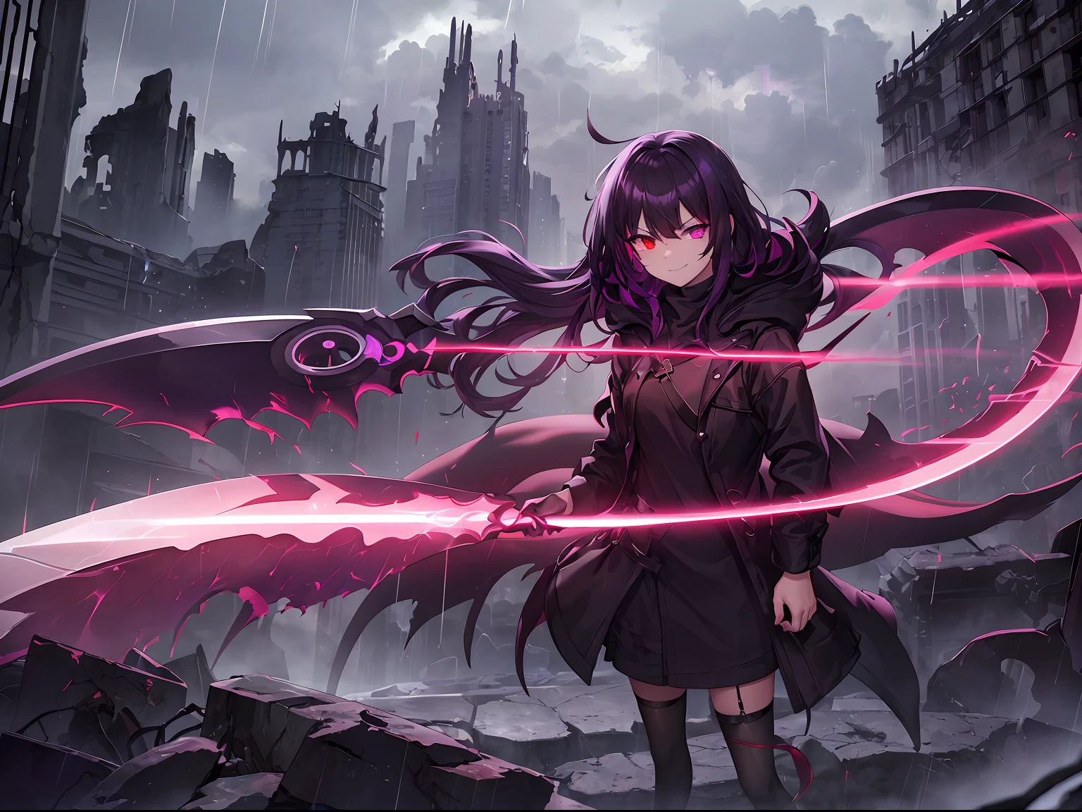 Anime girl with long purple hair and a black coat standing in front of ...