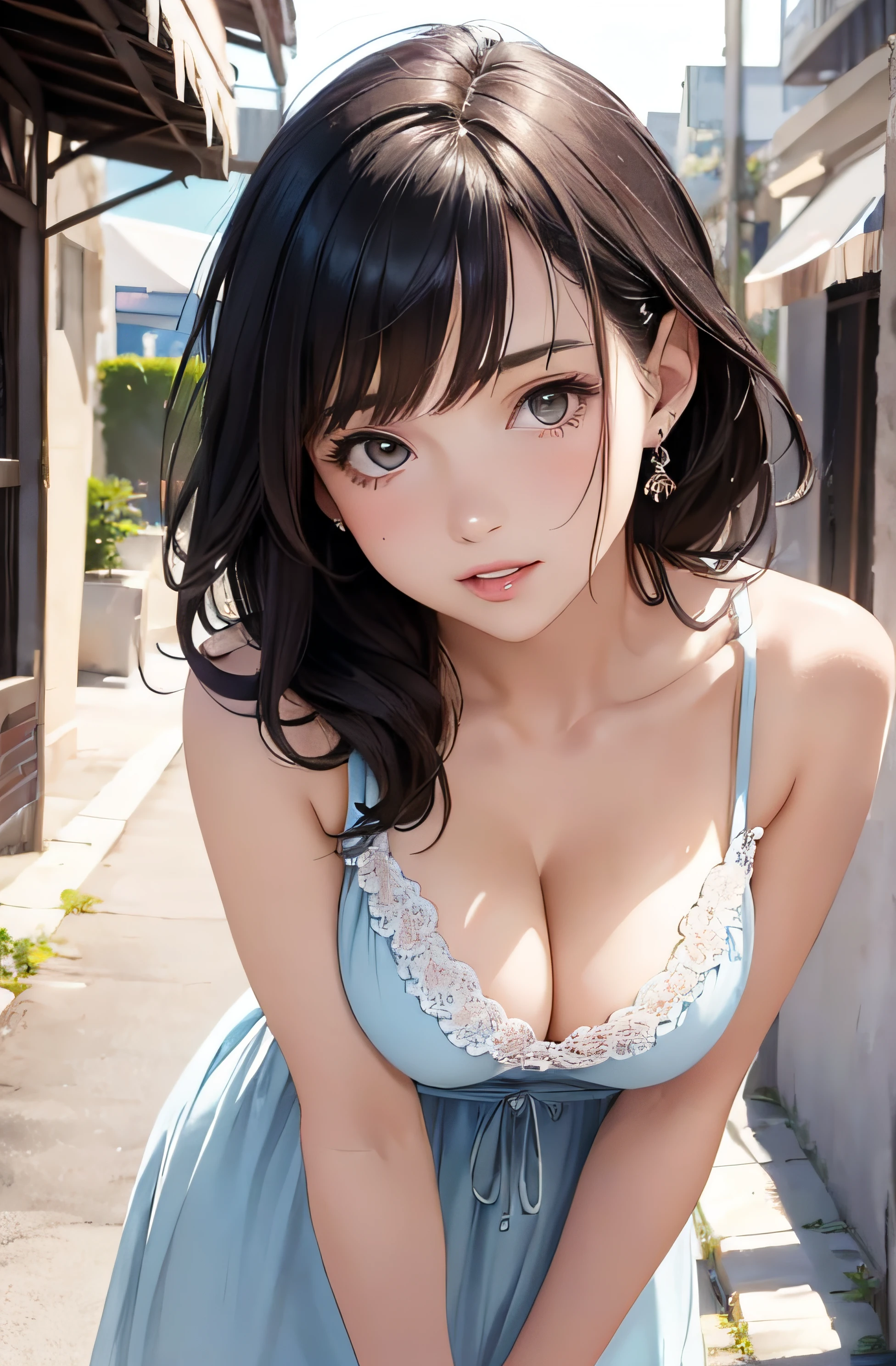 girl in summer clothes, casual dress, making as if she wants to kiss you, (girl bending down looking at camera), medium breasts, cleavage, random background, flirtatious look, ((very detailed)), (perfectly detailed face), (well detailed hand) photorealistic image.