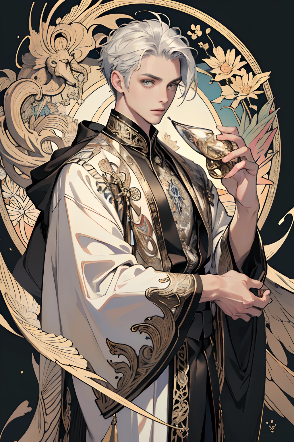realistic, (masterpiece, top quality, best quality, official art, beautiful and aesthetic:1.2), extremely detailed,fractal art,colorful,highest detailed,zentangle,(abstract background:1.3)
(1boy:1.3), (golden birds),
silver hair, bright eyes,hair slicked back, short hair, black robe,