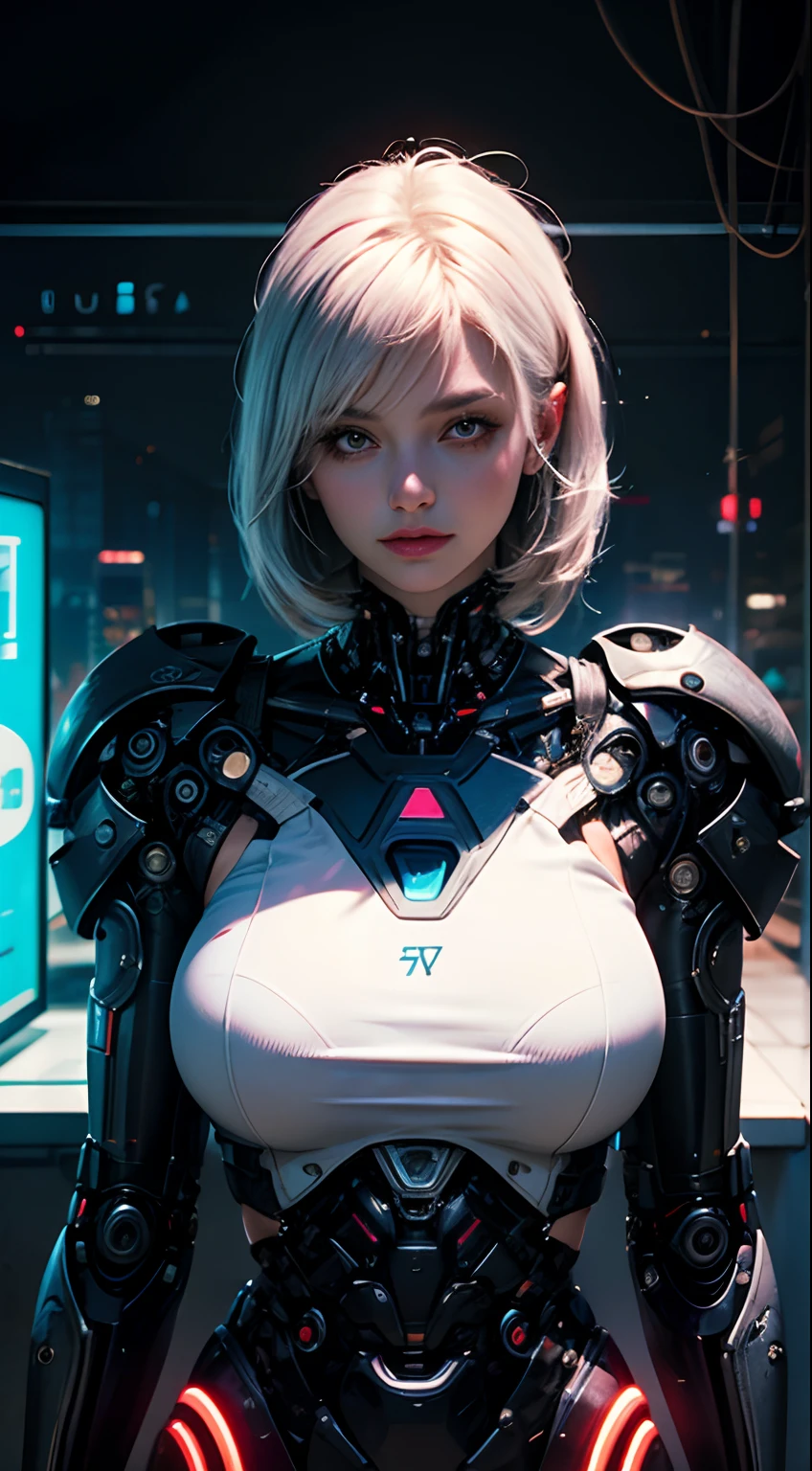 A beautiful woman in a cybernetic costume,retrofuturista,big tits,yoga pose ,white hair,neon lights,robotic costume future,