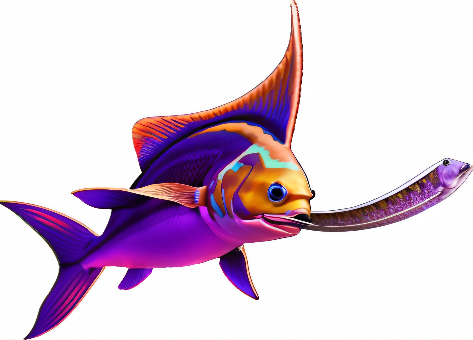 a close up of a marlin with a long tail and a long saber-like nose, a purple fish, exotic fish, drawn with photoshop, a digital rendering, highres, digital collage, digital art - n 5, ray, half fish, stylized digital illustration, colorful fish, deep sea fish, the nonlinear. digital painting, fish, by Wayne Reynolds