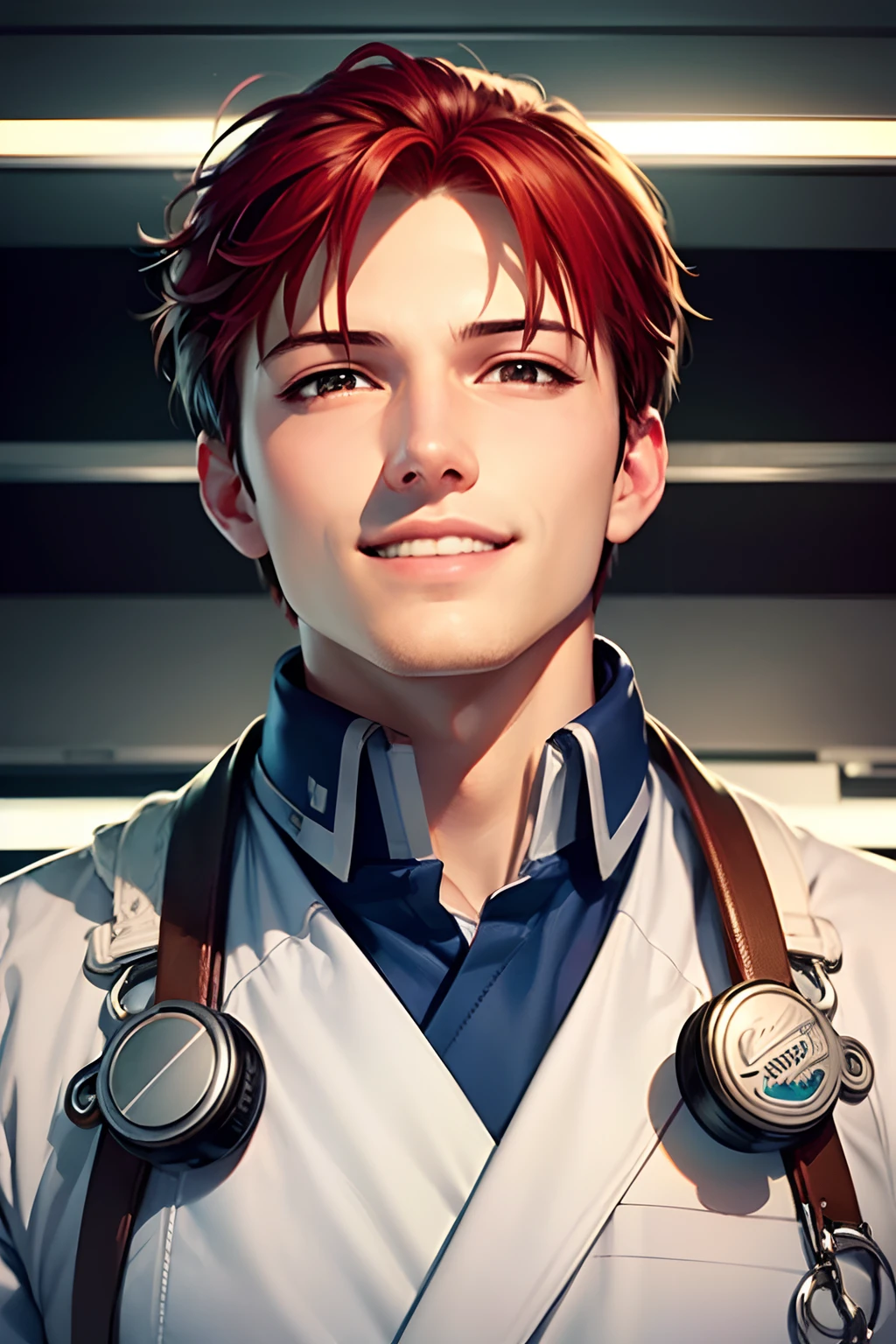 (best quality, masterpiece:1.2), 1boy, detailed hair, detailed eyes, detailed lips, roymustang, short hair, red hair, black eyes, scientist uniform, upper body, inside lab, realistic colors, studio lighting, looking at viewer, happy smile, from below