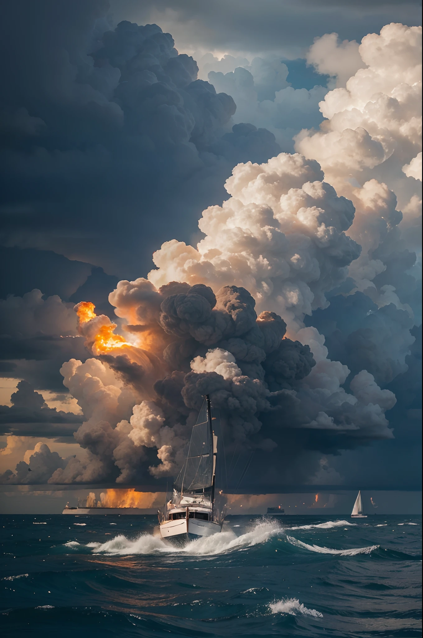 A sailboat in the middle of an intense storm is also on fire.