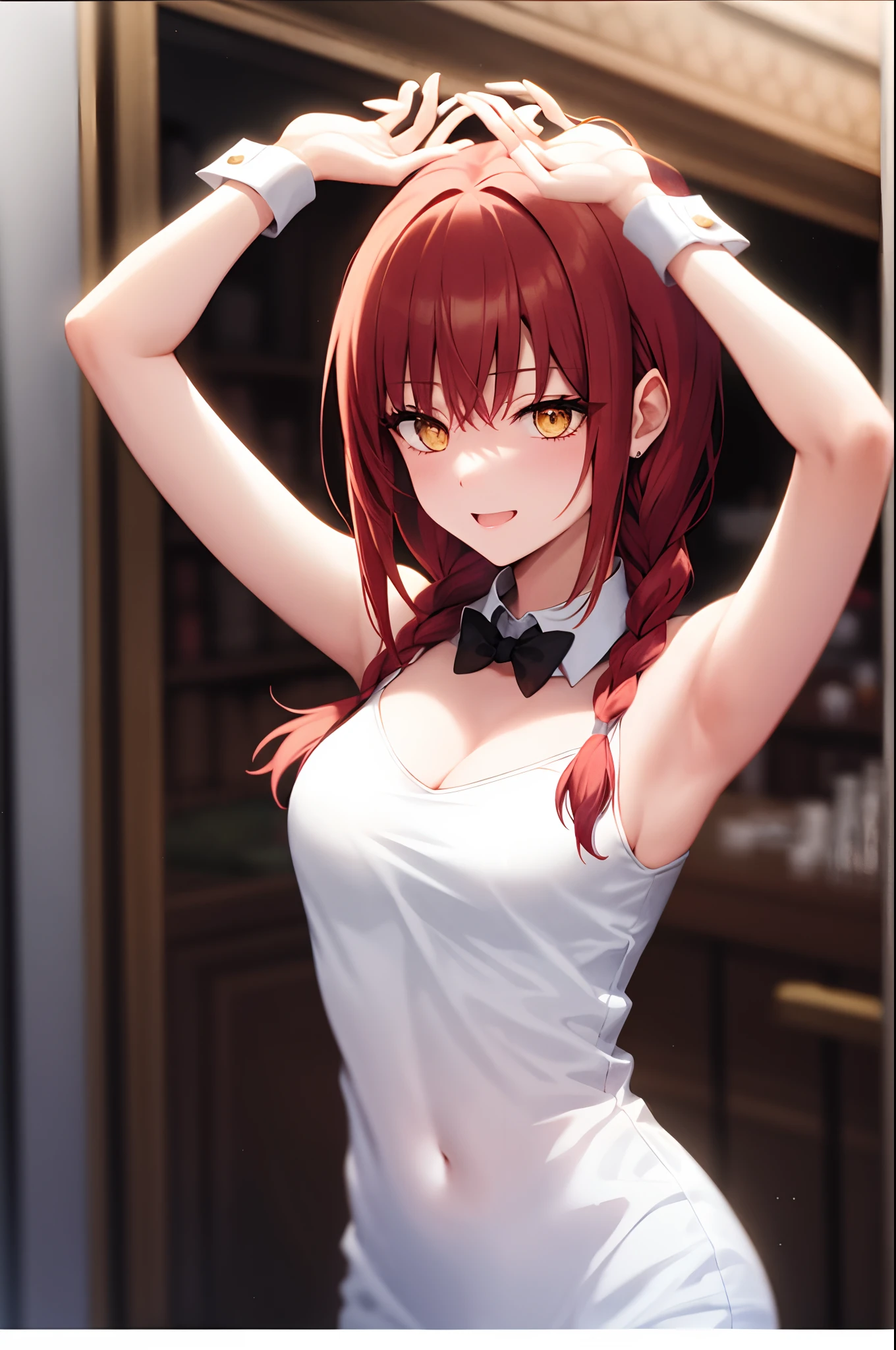 1人、Black Bunny Girl、Raise your arms, medium breasts、blushful、red hairs, Long braided hair, Golden Eyes,Makima