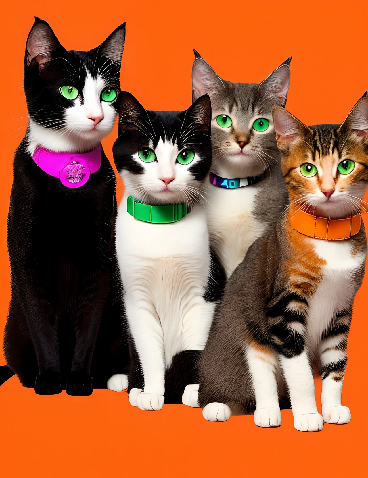 Make a cartoon Pixar movie poster with 5 cats. The first cat’s name is Papi. Papi is a white cat with grey markings, green eyes, and a purple collar. The second cat’s name is Fiona. Fiona is a brown tabby cat with green eyes and no collar. The third cat’s name is Flick. Flick is an orange tabby cat with orange eyes and a pink collar. The fourth cat’s name is Joey. Joey is an all black cat with green eyes, a blue collar, and he is fat. The fifth cat’s name is Chandler. Chandler is an all black cat with big green eyes and a red collar.