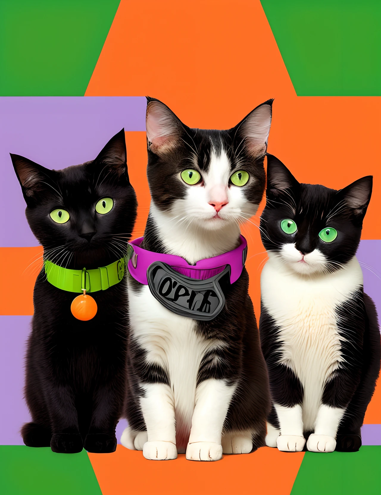 Make a cartoon Pixar movie poster with 5 cats. The first cat’s name is Papi. Papi is a white cat with grey markings, green eyes, and a purple collar. The second cat’s name is Fiona. Fiona is a brown tabby cat with green eyes and no collar. The third cat’s name is Flick. Flick is an orange tabby cat with orange eyes and a pink collar. The fourth cat’s name is Joey. Joey is an all black cat with green eyes, a blue collar, and he is fat. The fifth cat’s name is Chandler. Chandler is an all black cat with big green eyes and a red collar.