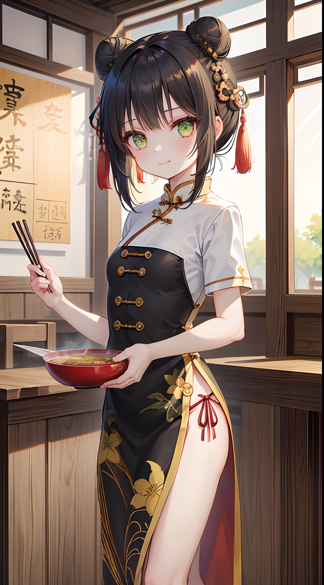 (top-quality), (masterpiece)、(ultla detailed)、(a beauty girl:1.3)、Lori、cute little、Black cheongsam、slit、(Bun hair)、A dark-haired、The edges are green、(yellow-green eyes)、A smile、(18year old:1.3)、Medium chest、(Longhaire)、(Short sleeves)、(Daytime:1.2)、Maxi length、Luxurious embroidery、(Standing)、red hair tie、(Chinese Restaurant)、I'm trying to eat ramen noodles、Kung Fu Bottom、From the front、Cowboy Shot、Indoor、Slender feet、