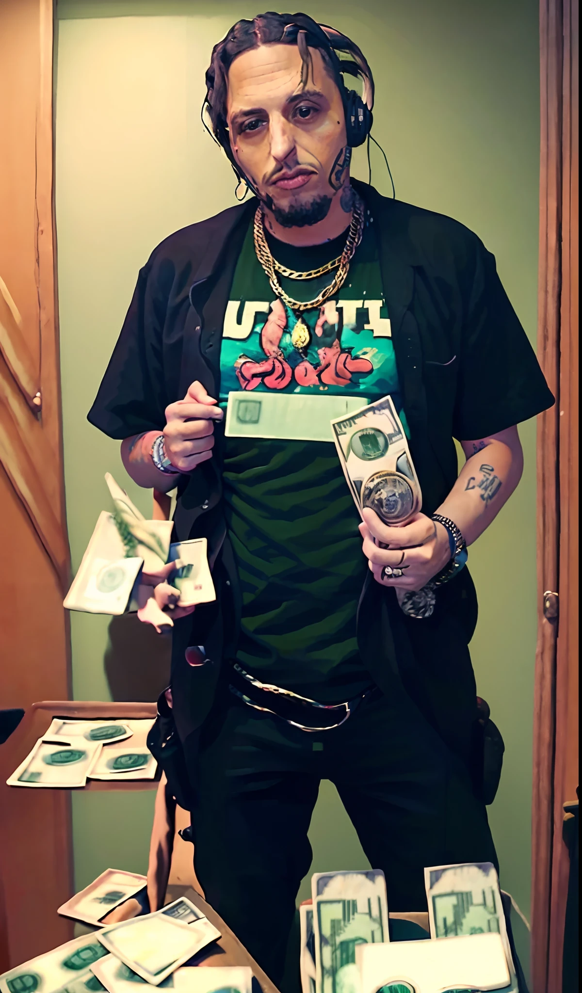 araffe and a man holding stacks of money in a room, flaunting his wealth, young thug, nyc, ???, masterpiece!!!, 2 chainz, masterpiece!!!!, badass composition, ny, sf, , with a kid,  rap bling, travis scott, taken in the early 2020s