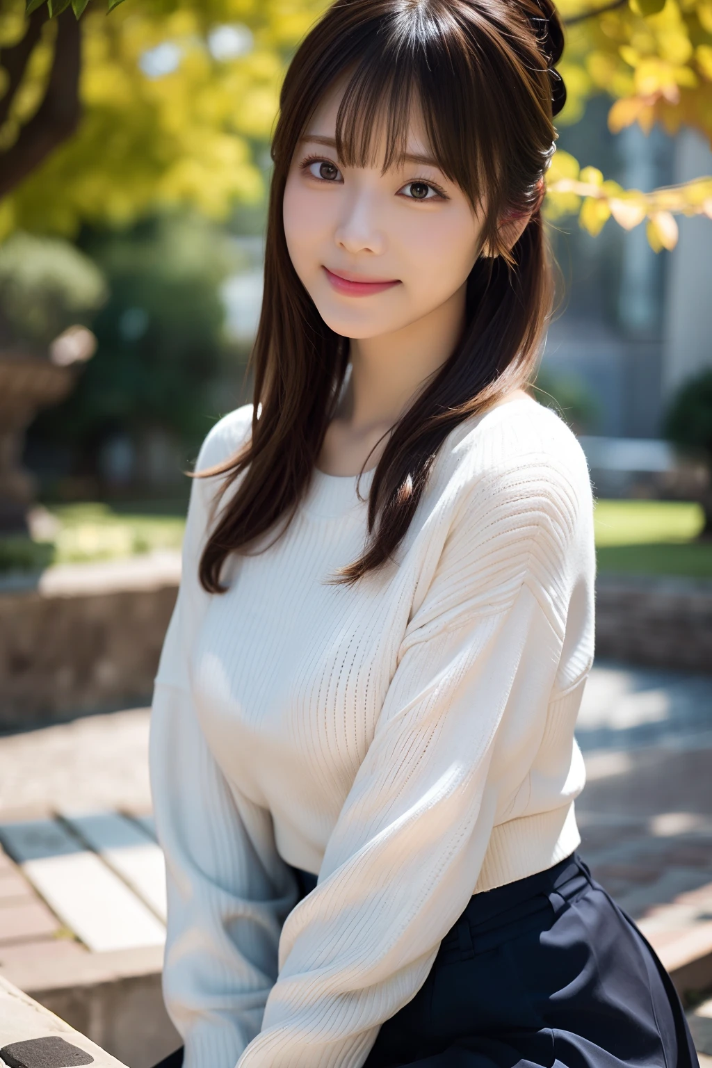 in 8K,Best Quality:1.4, 超A high resolution:1.5, (Photorealistic:1.4),masterpiece:1.2,(top-quality:1.4)、 Raw photo、(the background is blurred), A park on a hill with a good view:1.4、On the lawn、FULL BODYSHOT:1.5、 1日本人の女の子, Cute, (Solo), (Shy smile), Smooth skin、(30-years old:1.4)、to stand、Check miniskirt、Cute mini skirt、 (Brown medium hair,Bangs), (touch hair:1.4)、nogizaka、cute little、Supple fingertips,Beautiful black eyes、natural skin textures:1.3, realistic eyes and face details:1.7、middlebreasts、gazing at viewer、gravure、beauty legs、autumnal、Knitted sweaters、Ponytail hair