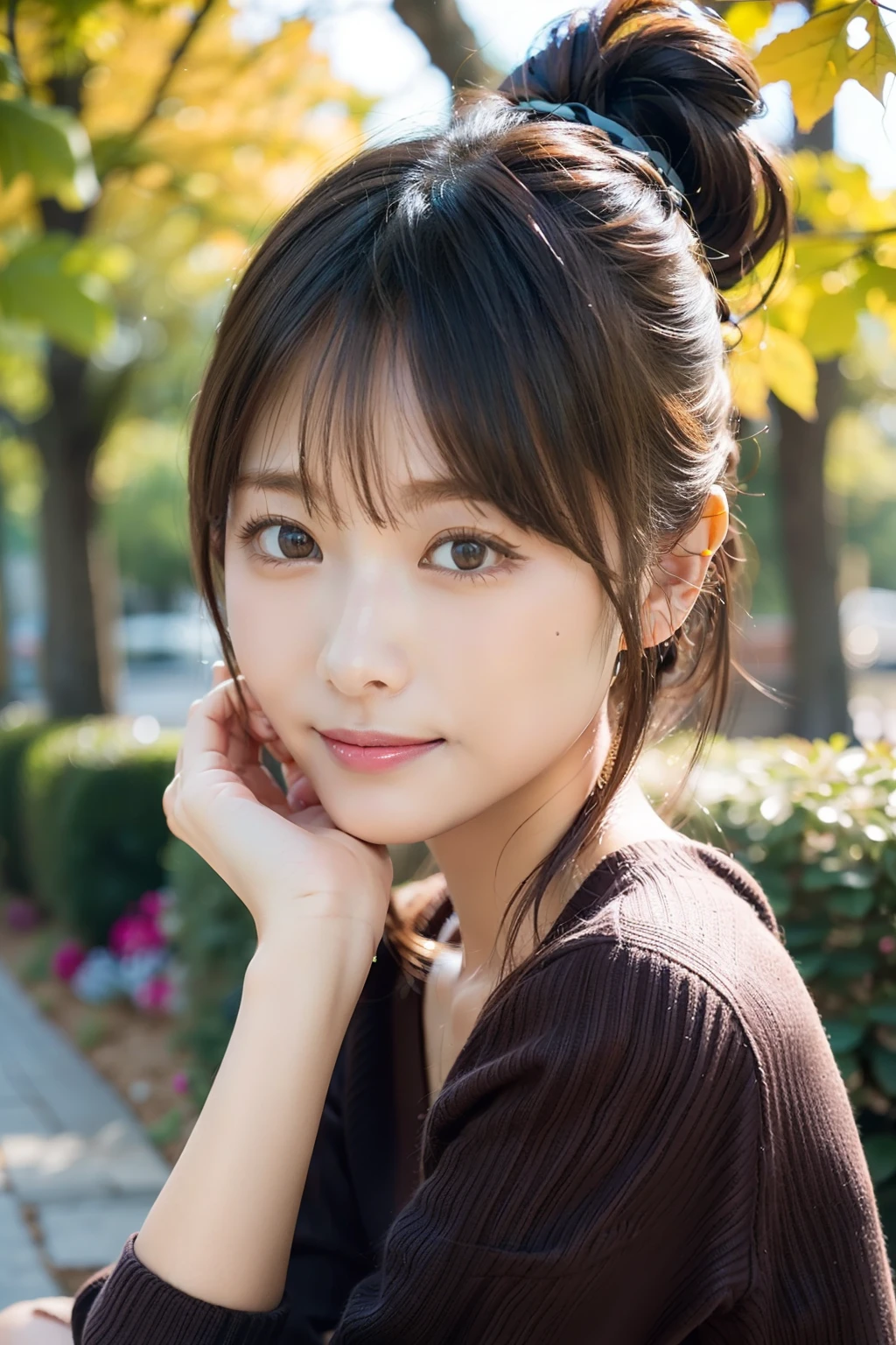 in 8K,Best Quality:1.4, 超A high resolution:1.5, (Photorealistic:1.4),​masterpiece:1.2,(top-quality:1.4)、 Raw photo、(the background is blurred), A park on a hill with a good view:1.4、On the lawn、FULL BODYSHOT:1.5、 1日本人の女の子, Cute, (Solo), (Shy smile), Smooth skin、(30-years old:1.4)、to stand、Check miniskirt、Cute mini skirt、 (Brown medium hair,Bangs), (touch hair:1.4)、nogizaka、cute little、Supple fingertips,Beautiful black eyes、natural skin textures:1.3, realistic eyes and face details:1.7、middlebreasts、gazing at viewer、gravure、beauty legs、autumnal、Knitted sweaters、Ponytail hair