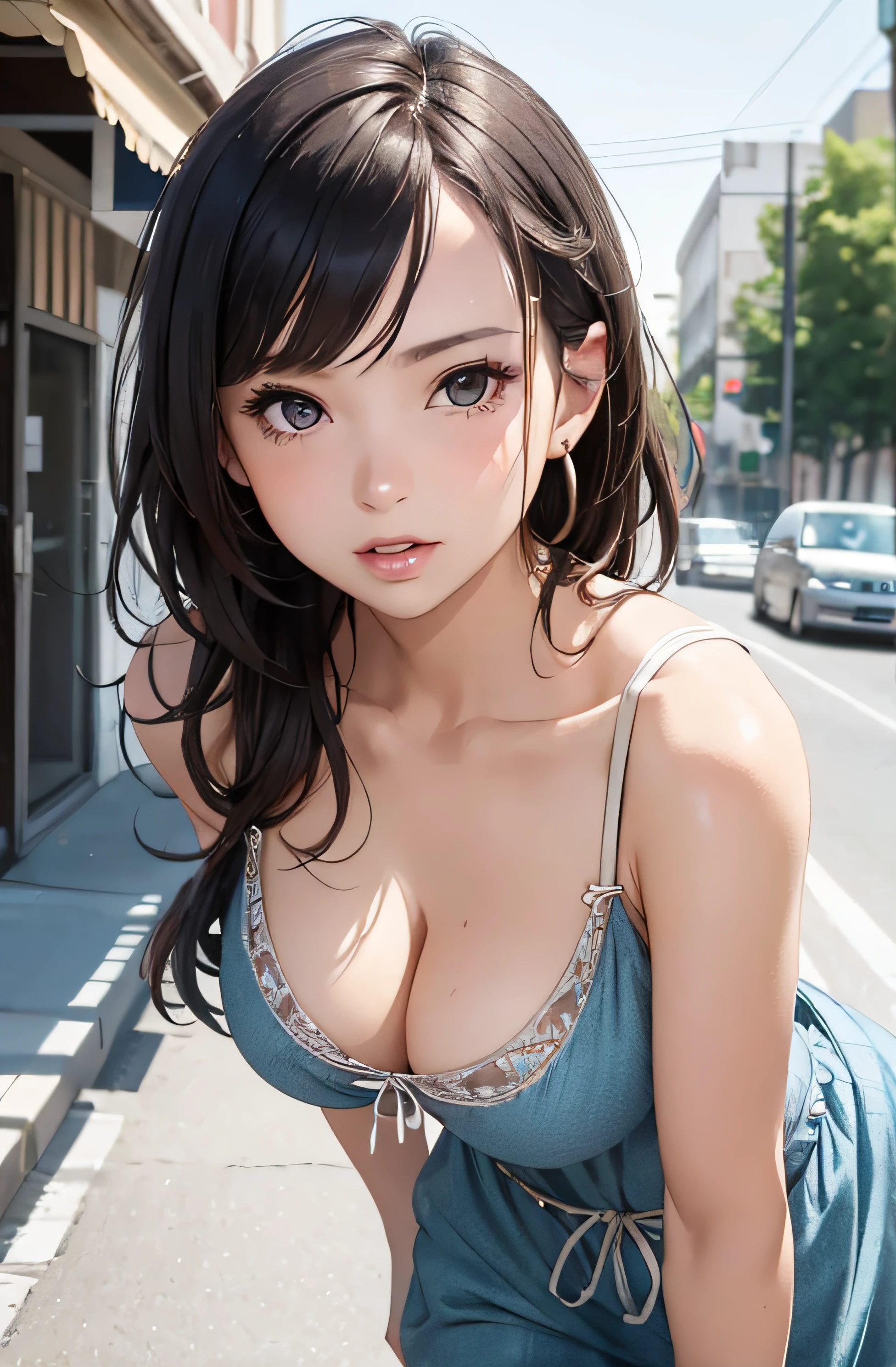 girl in summer clothes, casual dress, making as if she wants to kiss you, (girl bending down looking at camera), medium breasts, cleavage, random background, flirtatious look, ((very detailed)), (perfectly detailed face), (well detailed hand) photorealistic image.