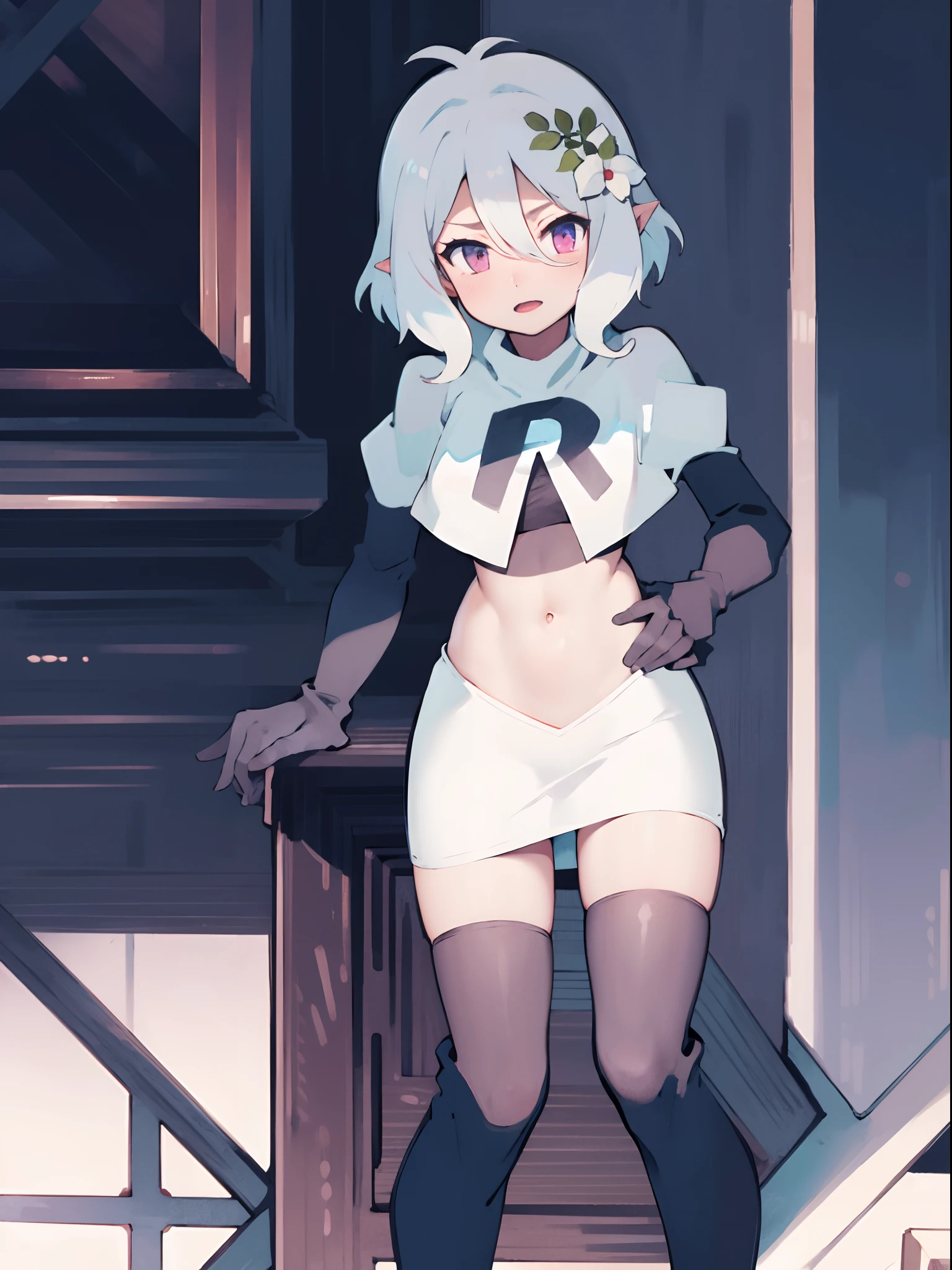 kokkoro,team rocket,team rocket uniform,white skirt,crop top,black thigh-high boots,black elbow gloves,