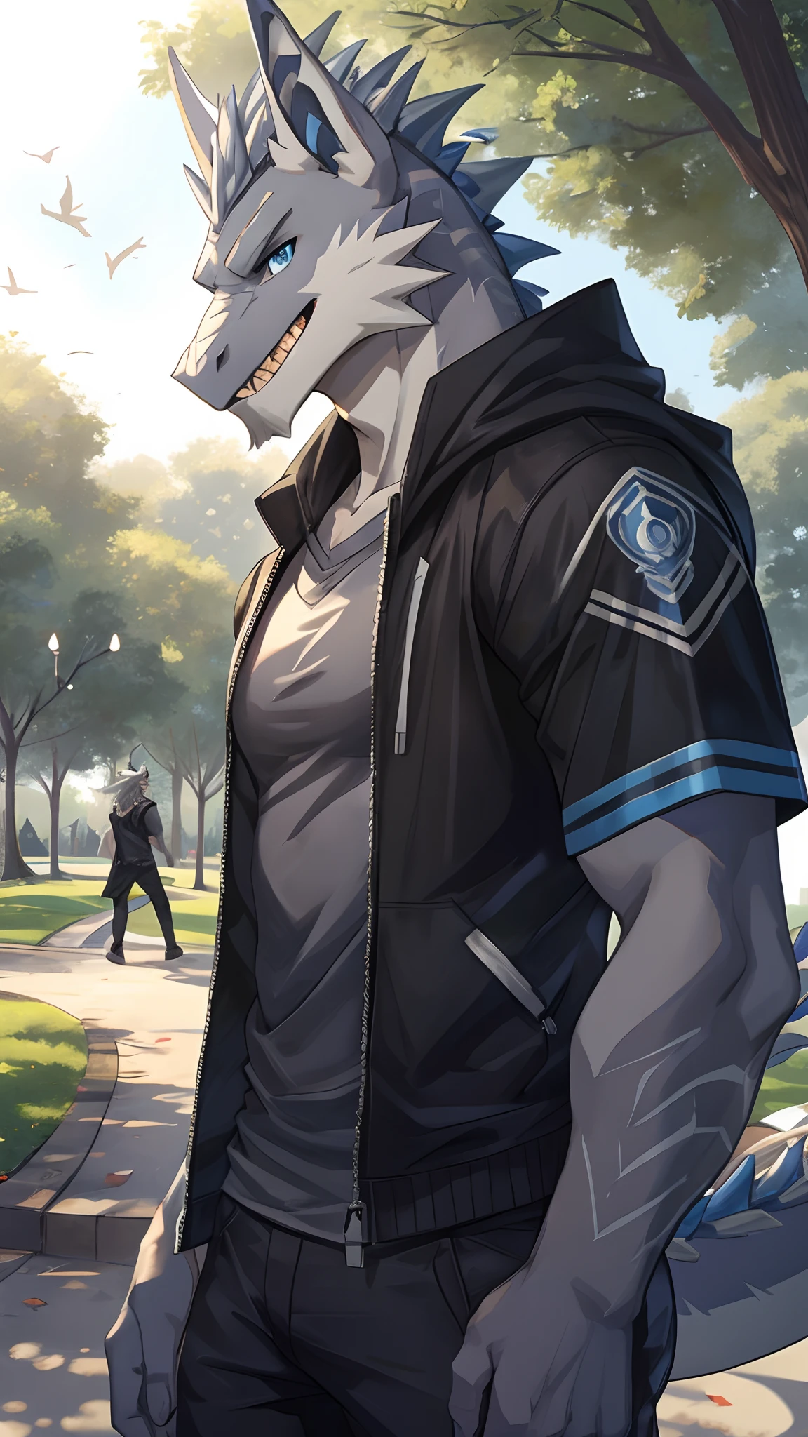 Masterpiece, Cool Pose, Furry Gray Dragon, Fit Medium Body, Blue Eyes, Grey Medium Hair, Casual Set, Fierce, Good looking, teeth, Park Background