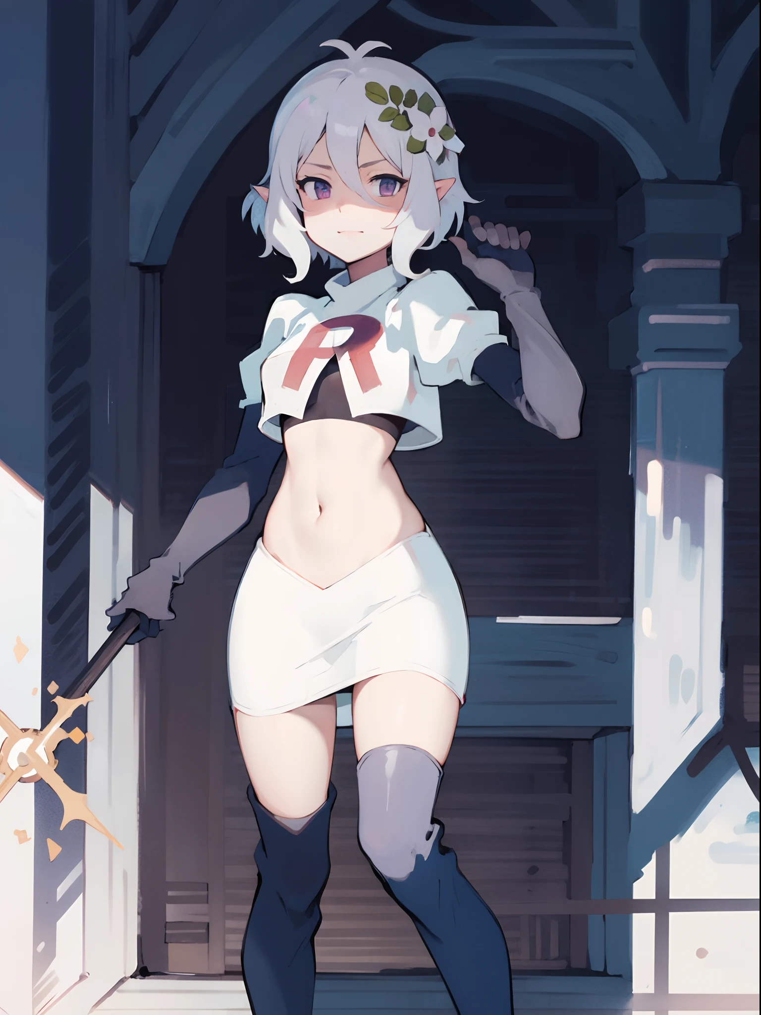 Furry white bear，White fur，Loli body，blue color eyes，White hair，In the daytime，Glowing hair，Wearing white panties，Wearing white underwear，Axes made of stone,A shy look