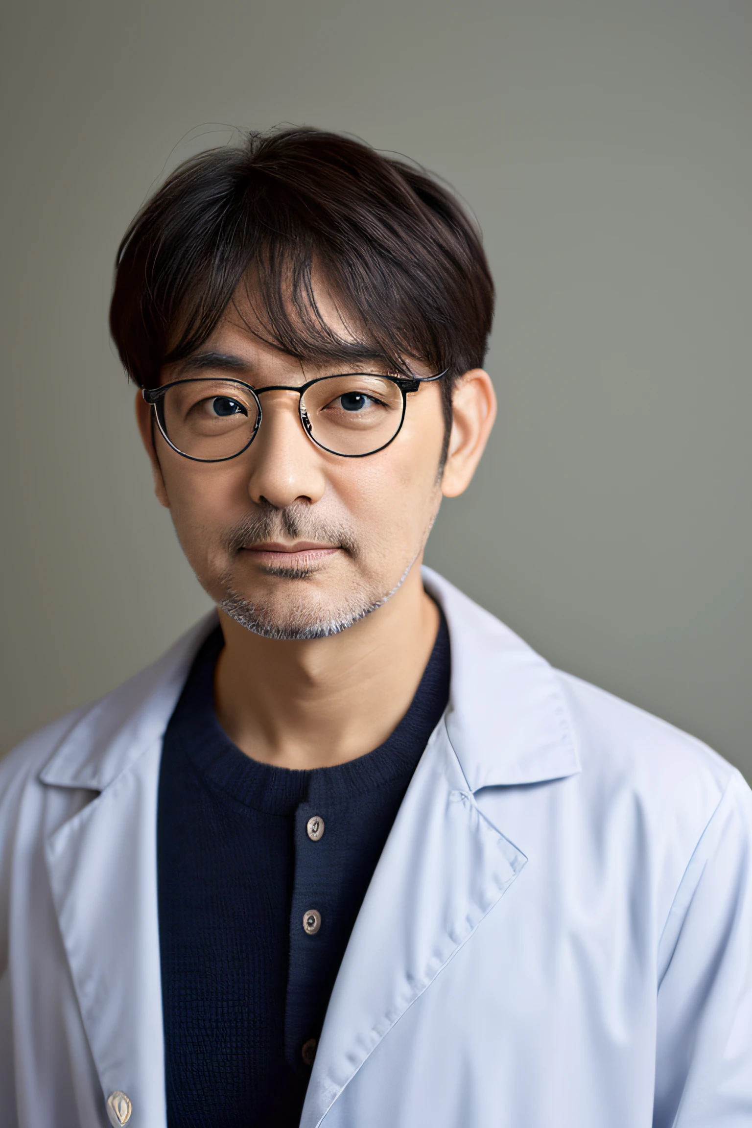 Manteau blanc　A man in his 40s who looks like Dr.　Wearing glasses　a baby face　frontage　without background