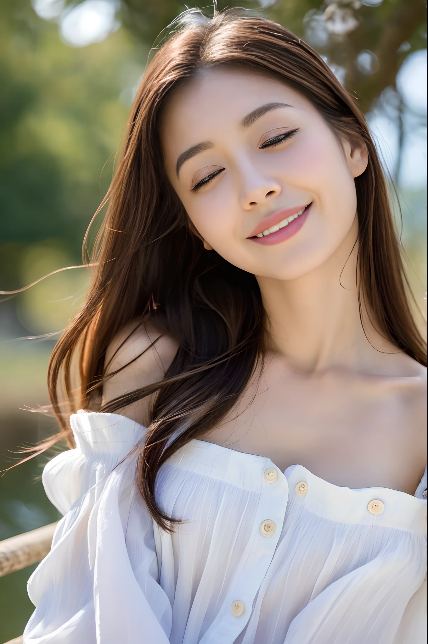 ((Realistic light、top-quality、8K、masterpiece:1.3))、21-year-old Japan girl、small moles under eyes、A smile、closed her eyes、A small mole on the chest、Beautiful woman with slender body shape:1.4、abdominals:1.1、japanes、pale-skinned、(Floating wavy silk brown hair、hair floatingin the wind、small tits:1)、(Very small bust)、Off-the-shoulder shirts:1.2、Long sleeves wet in the wind、 is standing、hyperdetailed face、A detailed eye、二重まぶた、shinny skin、cowboy shot
