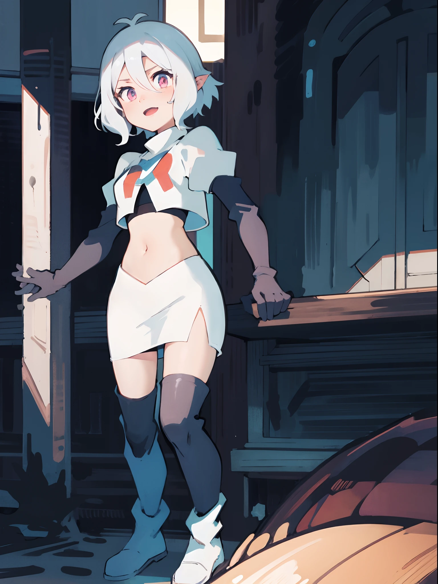 kokkoro,team rocket,team rocket uniform,white skirt,crop top,black thigh-high boots,black elbow gloves,