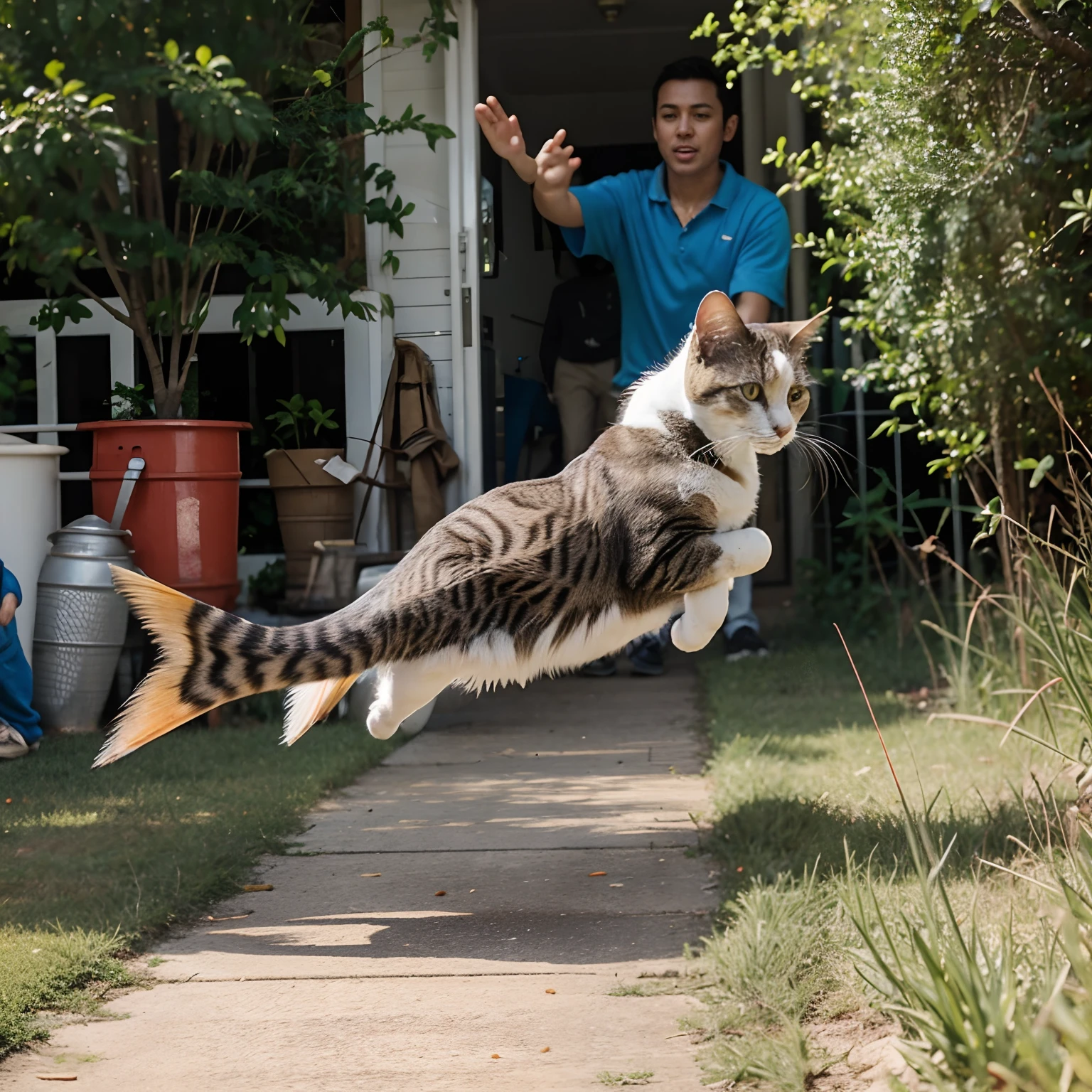 a cat was chased by people, the cat caught a fish