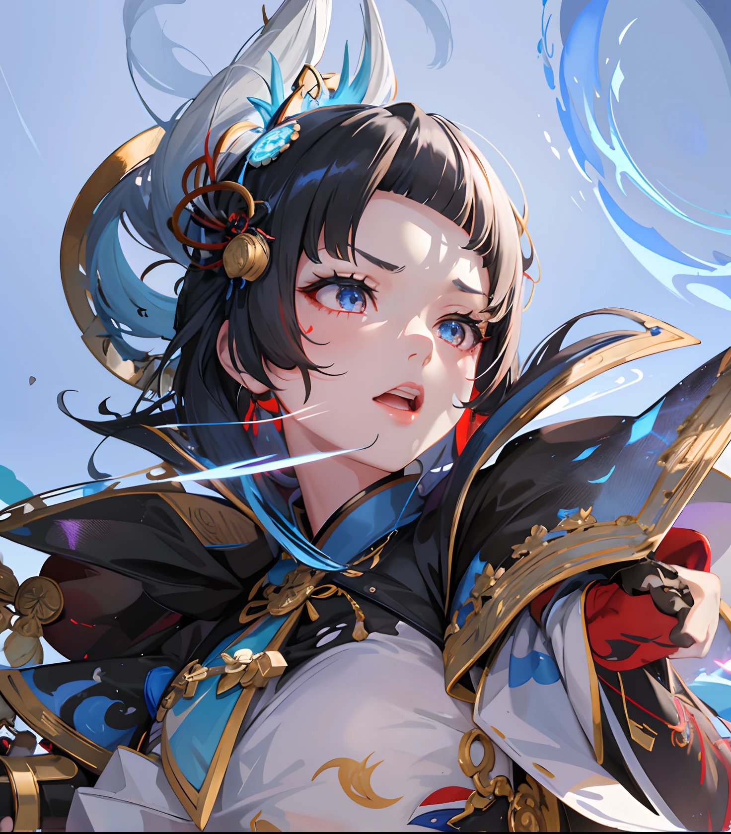 1girl, japanese clothes, ponytail ,white hair, white eyes, magic circle, blue fire, blue flames, wallpaper, landscape, blood, blood splatter, depth of field, night, light particles, light rays, sidelighting, thighs, fate \(series\), genshin impact, ****, open jacket, skirt, thighhighs, cloud