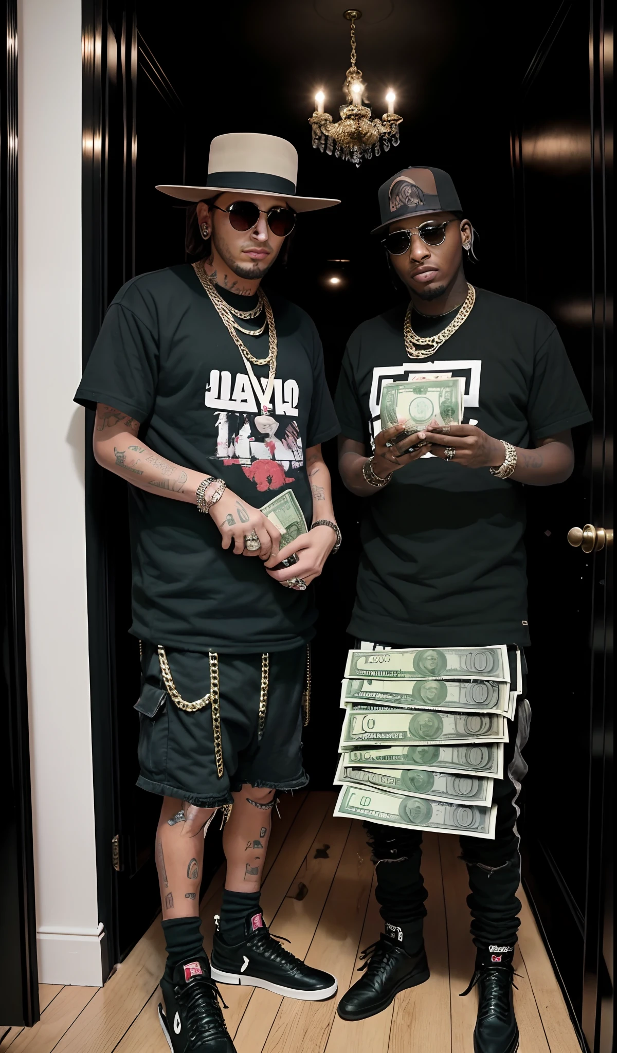 araffe and a man holding stacks of money in a room, flaunting his wealth, young thug, nyc, kid, masterpiece!!!, 2 chainz, masterpiece!!!!, badass composition, ny, sf, , with a kid, rap bling, travis scott, taken in the early 2020s