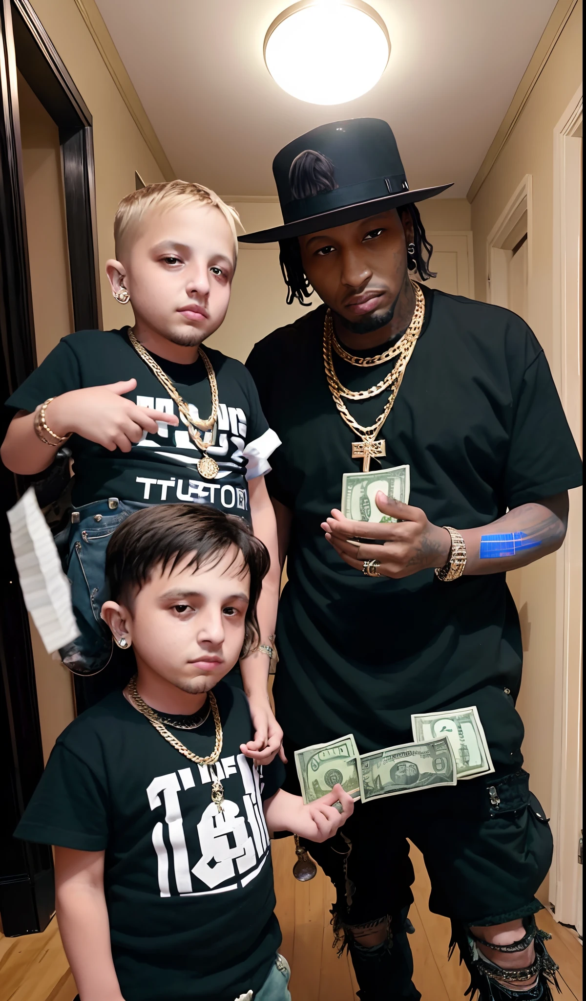 araffe and a man holding stacks of money in a room, flaunting his wealth, young thug, nyc, ???, masterpiece!!!, 2 chainz, masterpiece!!!!, badass composition, ny, sf, , with a kid, rap bling, travis scott, taken in the early 2020s
