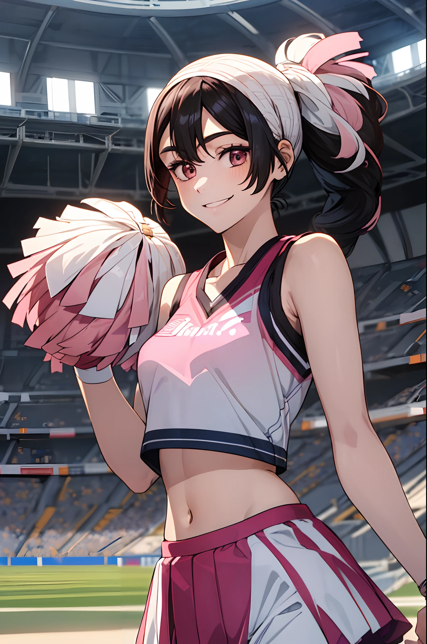 1 girl, Japanese, 14 years old, White skin, Medium chest, Watching the view, (Smile:1.5), 
Beautiful detailed eyes, (Middle hair:1.4, Parted bangs, Straight hair:1.7), (Navel:1.1), Brown hair,
(Current cheerleading style in pink:1.5), Sport top exposed in the center, Arms up, Have an orange pom-pom, Jumping, 
(Beautiful scenery), during daytime, (Stadium:1.5), 
(8K, top-quality, ​masterpiece), Beautiful illustration, Cowboy Shot,