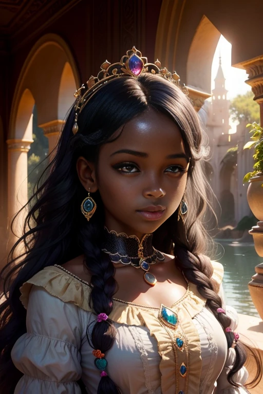 Retrato realista de una mujer africana de piel morena oscura quemada por el sol, Cabello largo:2                
 Rizado, Ropa de princesa, Long Rococo Style Cinderella,  Imagen intrigante, Imagen limpia, Al fondo un hermoso lago, Colores brillantes, cinematic shadows,