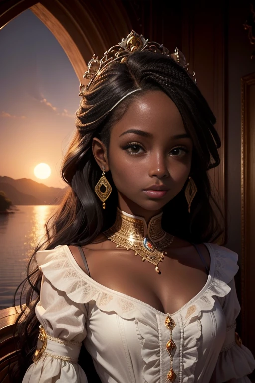 Retrato realista de una mujer africana de piel morena oscura quemada por el sol, Cabello largo:2                
 Rizado, Ropa de princesa, Long Rococo Style Cinderella,  Imagen intrigante, Imagen limpia, Al fondo un hermoso lago, Colores brillantes, cinematic shadows,