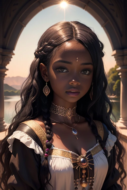 Retrato realista de una mujer africana de piel morena oscura quemada por el sol, Cabello largo:2                
 Rizado, Ropa de princesa, Long Rococo Style Cinderella,  Imagen intrigante, Imagen limpia, Al fondo un hermoso lago, Colores brillantes, cinematic shadows,