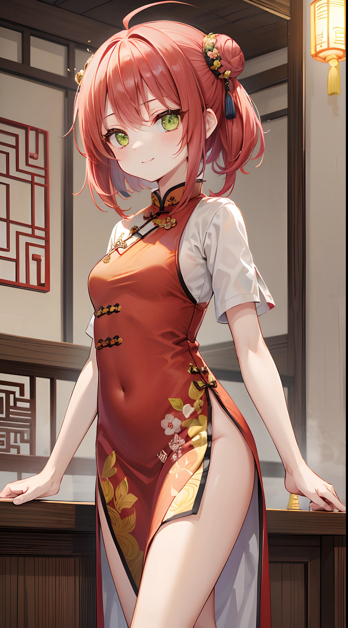 (top-quality), (masterpiece)、(ultla detailed)、(a beauty girl:1.3)、Lori、cute little、Pink cheongsam、slit、Floral pattern、(Bun hair)、A dark-haired、The edges are green、(yellow-green eyes)、A smile、(18year old:1.3)、Medium chest、(Longhaire)、(Short sleeves)、(Daytime:1.2)、Maxi length、Luxurious embroidery、(Standing)、red hair tie、(Chinese Restaurant)、I'm trying to eat ramen noodles、Kung Fu Bottom、From the front、Cowboy Shot、Indoor、Slender feet、