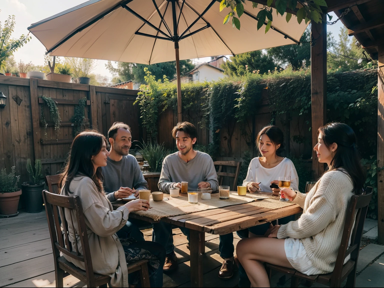 A photograph of a cozy Italian gathering in a rustic outdoor setting. The group of friends is seated around a wooden table, engrossed in a conversation. There are playing cards scattered across the table, and plates of pasta and meat dishes. The warm, late afternoon sunlight casts long shadows, creating a homely atmosphere. (Camera settings: DSLR, f/2.8, 1/200s, ISO 200)