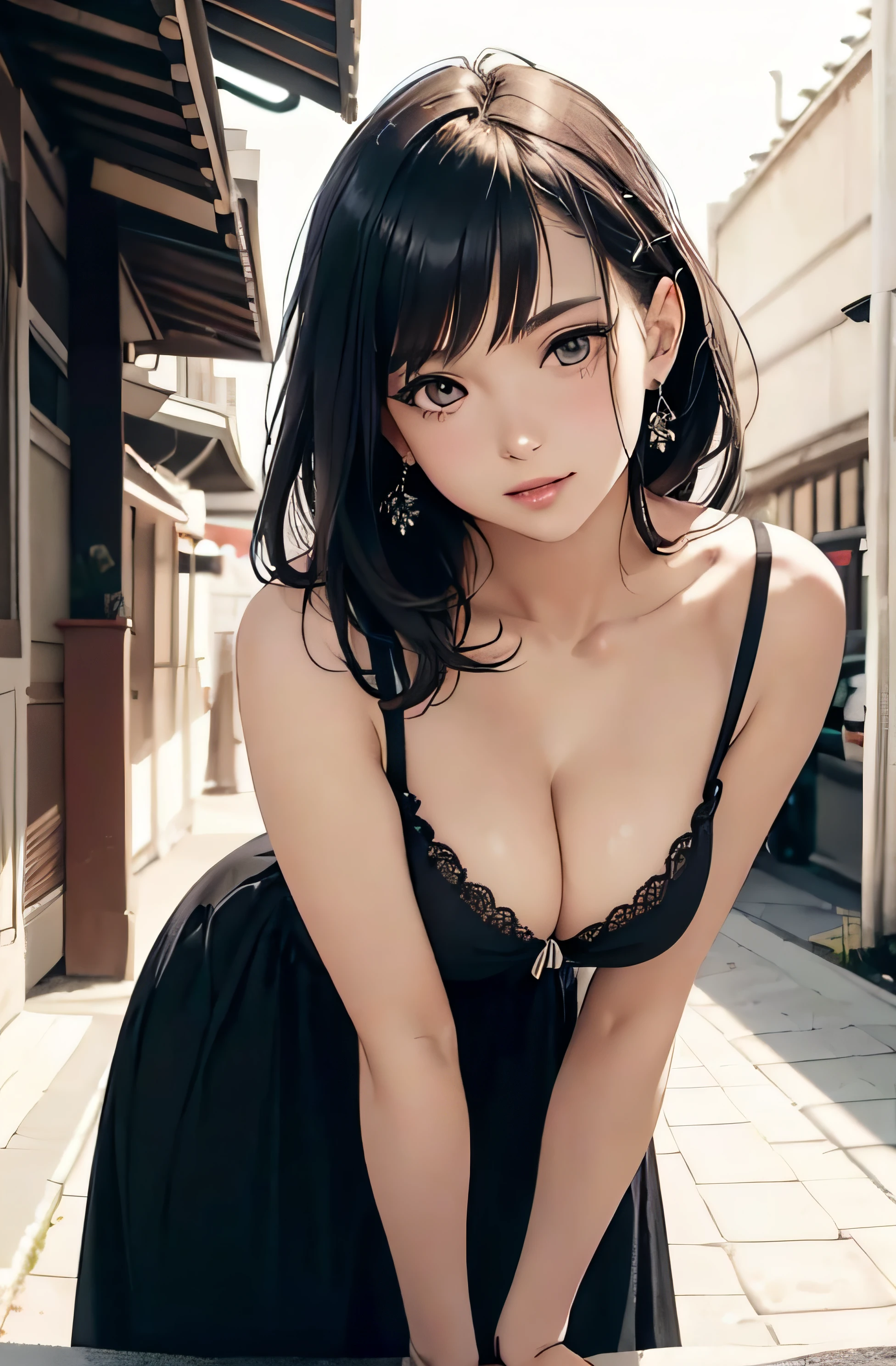 girl in summer clothes, casual dress, making as if she wants to kiss you, (girl bending down looking at camera), medium breasts, cleavage, random background, flirtatious look, ((very detailed)), (perfectly detailed face), (well detailed hand) photorealistic image.
