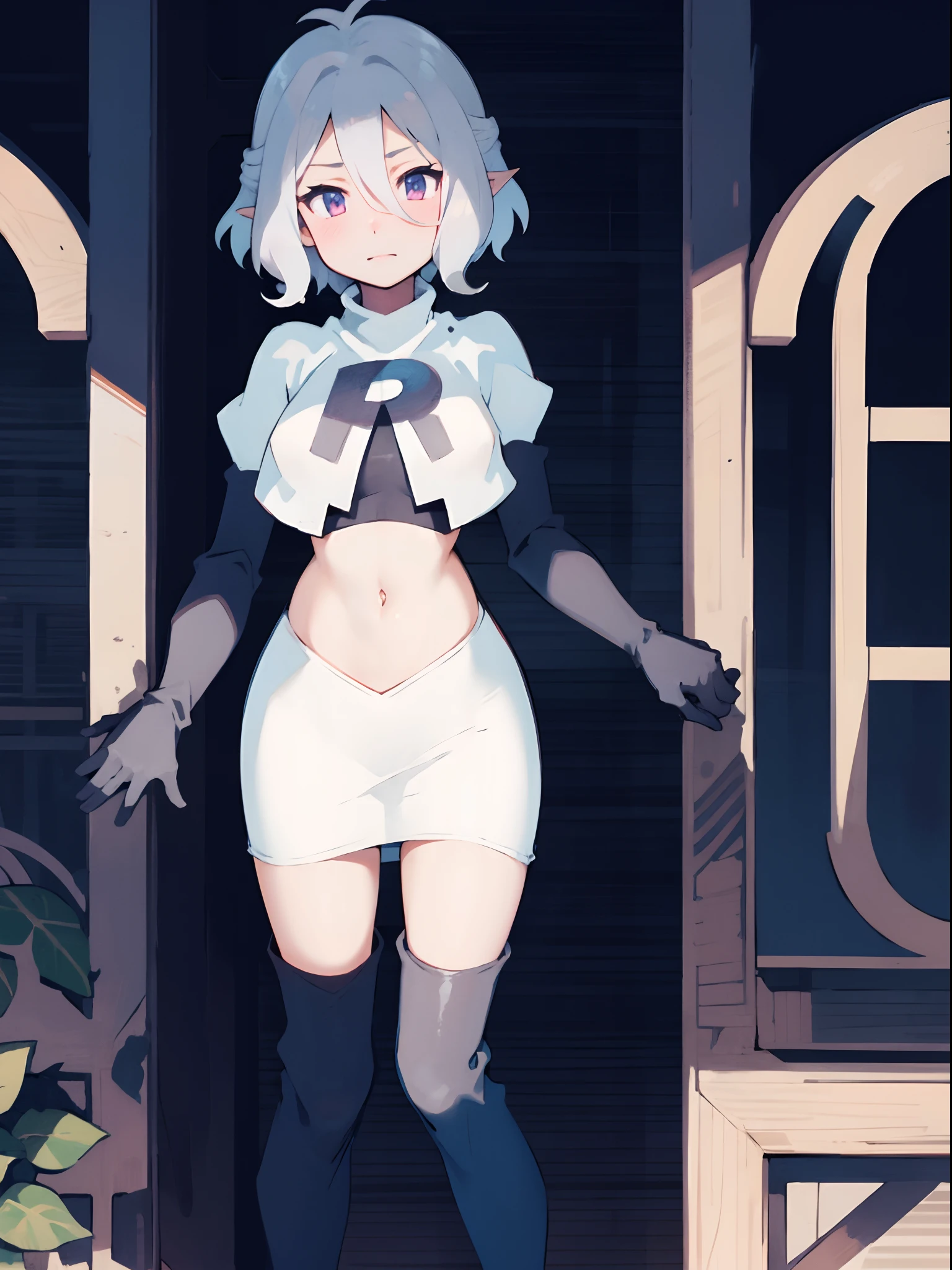 kokkoro,team rocket,team rocket uniform,white skirt,crop top,black thigh-high boots,black elbow gloves,
