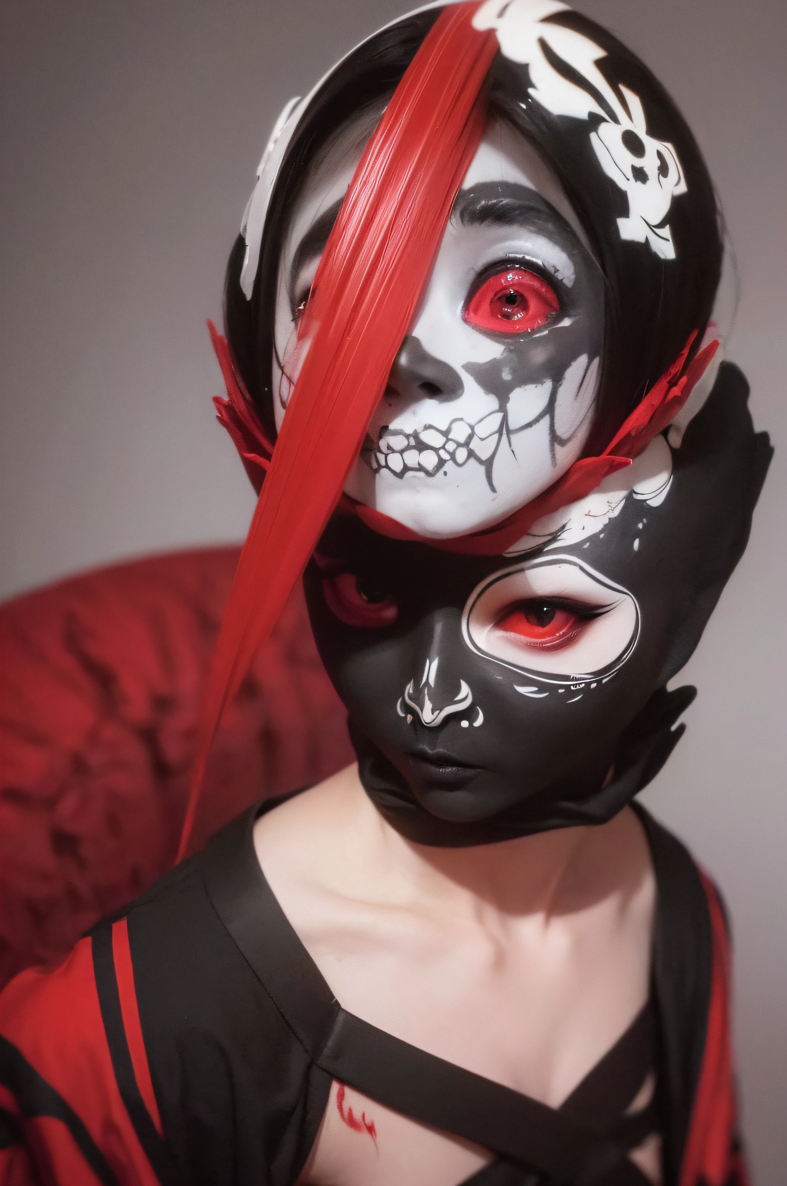 "(The best lighting, oscuro, dramatic),(feto calavera geisha escupiendo tinta roja, Cicatrices, sexy, cerebro, sangre, una rata dentro de la cabeza, terror.),(ojos rojos, calaveras). volumetric light.