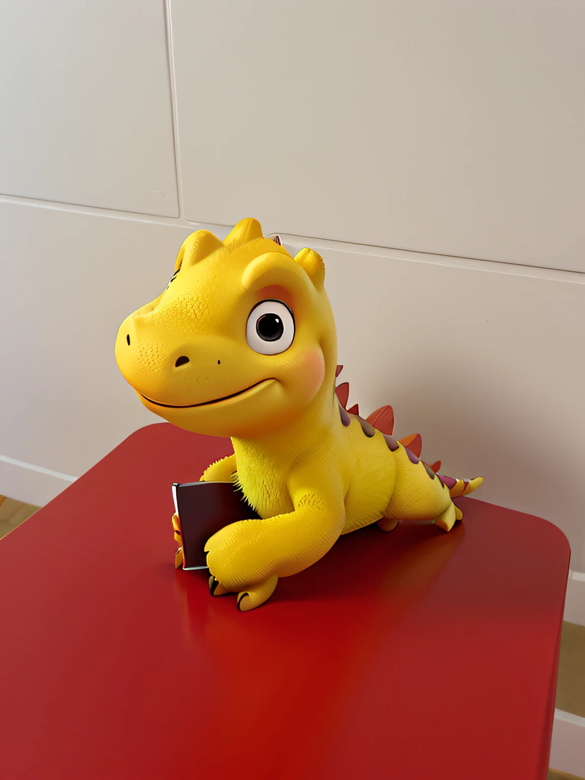 A yellow dinosaur with two little hands and two feet
Brown, com uma calda um pouco grande com escamas encimas marrons, inside a school classroom with colored pencils scattered around and with notebooks next to it Disney Pixar style, com um fundo de escola de alta qualidade, melhor qualidade