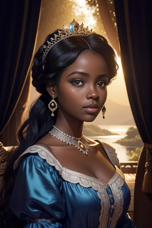 Retrato realista de una mujer africana de piel morena oscura quemada por el sol, Cabello largo:2                
 Rizado, Ropa de princesa, Long Rococo Style Cinderella,  Imagen intrigante, Imagen limpia, Al fondo un hermoso lago, Colores brillantes, cinematic shadows,